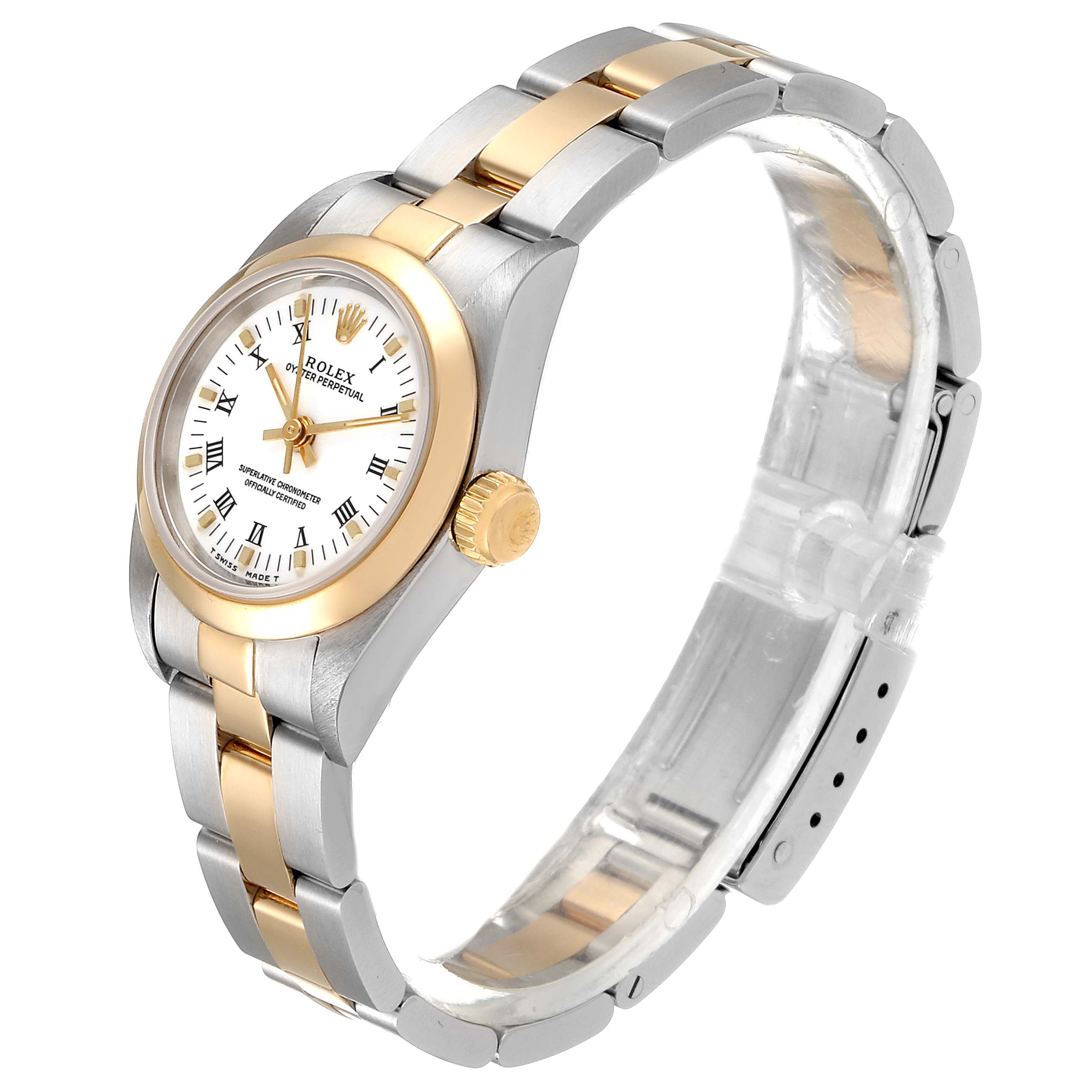 The image shows a side and front angle of a Rolex Oyster Perpetual 67183 Women
s Steel and Gold (two tone) White Dial 67183 Women
s Steel and Gold (two tone) White Dial, highlighting its gold and silver bracelet and white dial.