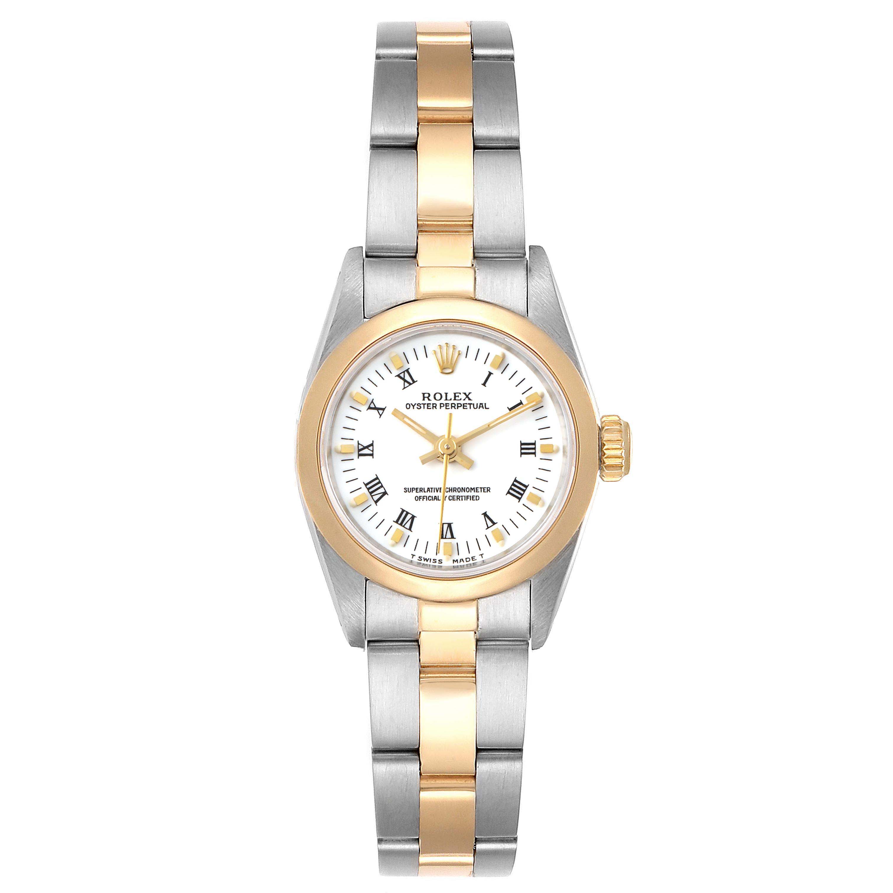 This image shows a front view of a Rolex Oyster Perpetual 67183 Women
s Steel and Gold (two tone) White Dial 67183 Women
s Steel and Gold (two tone) White Dial watch, highlighting the dial, bezel, and bracelet.