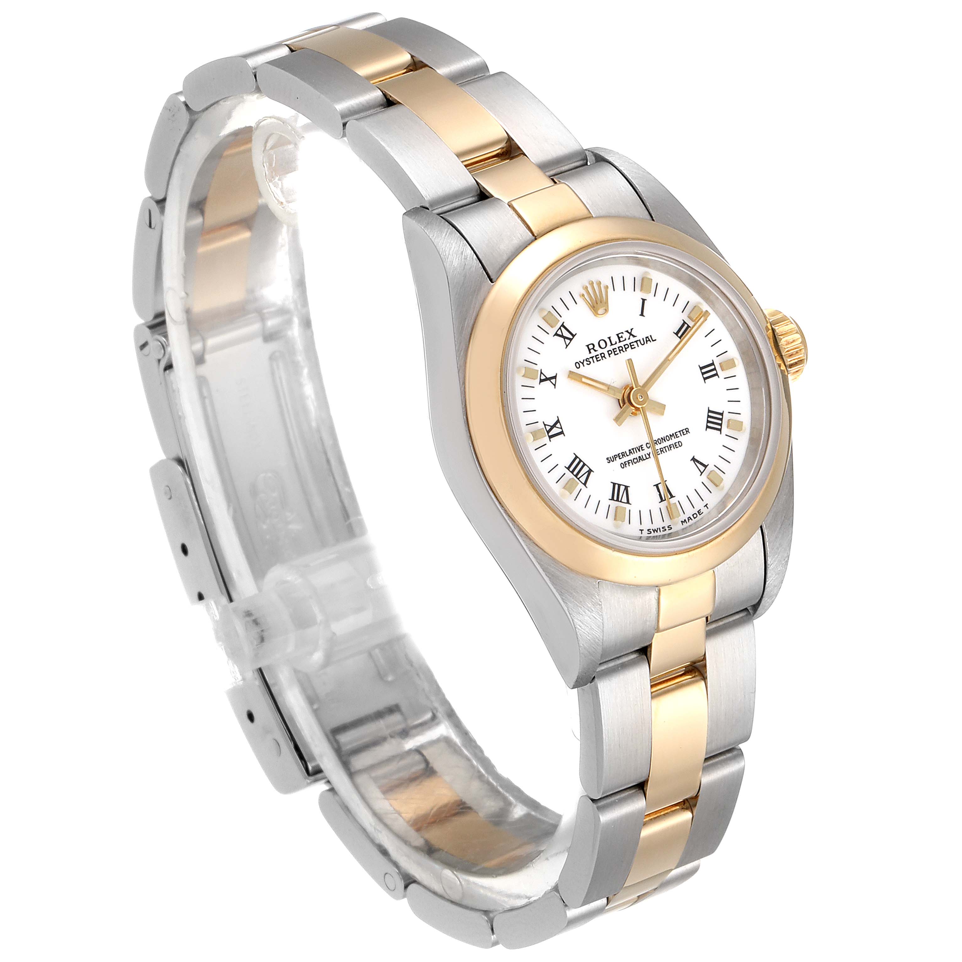 The Rolex Oyster Perpetual 67183 Women
s Steel and Gold (two tone) White Dial 67183 Women
s Steel and Gold (two tone) White Dial watch is shown at a three-quarter angle, highlighting its two-tone bracelet and white dial.