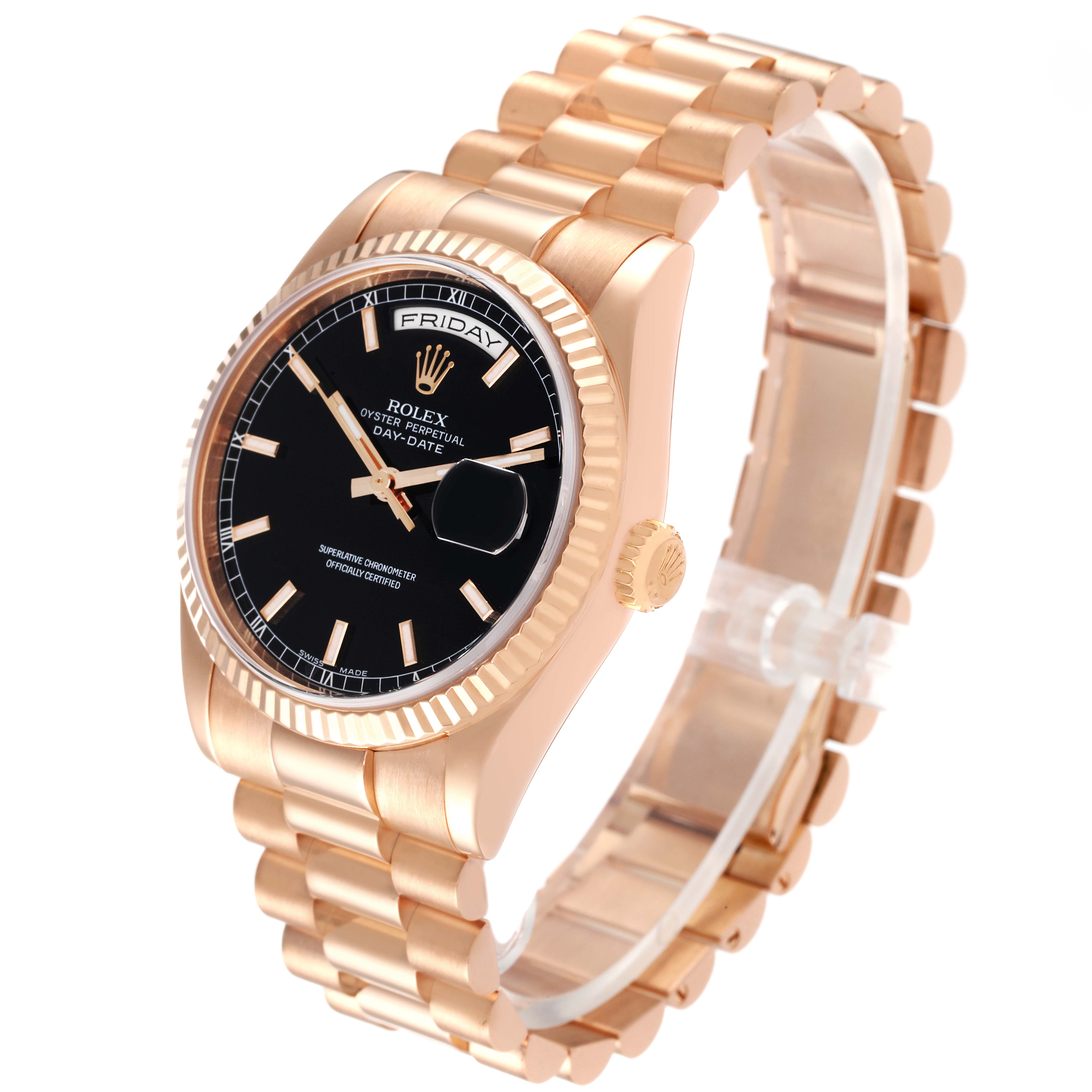 The Rolex President 118235 Men's Rose Gold Black Dial 118235 Men's Rose Gold Black Dial watch is shown from an angled side view, highlighting its dial, bezel, crown, and bracelet.