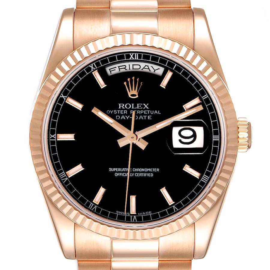 The Rolex President model is shown from a front angle displaying the dial, bezel, and part of the bracelet.