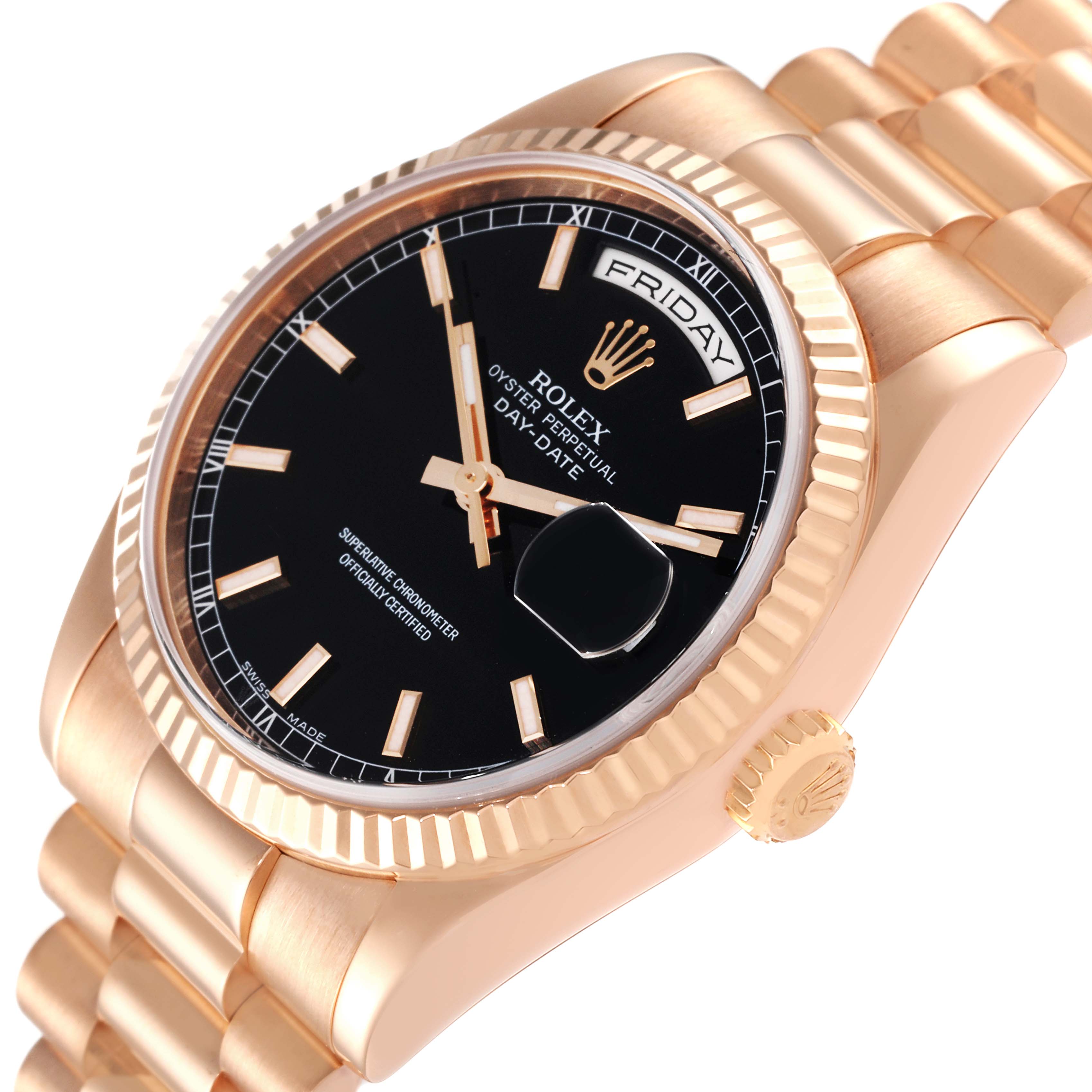 The Rolex President 118235 Men's Rose Gold Black Dial 118235 Men's Rose Gold Black Dial watch is shown at a tilted angle highlighting the bezel, black dial, day window, and bracelet.