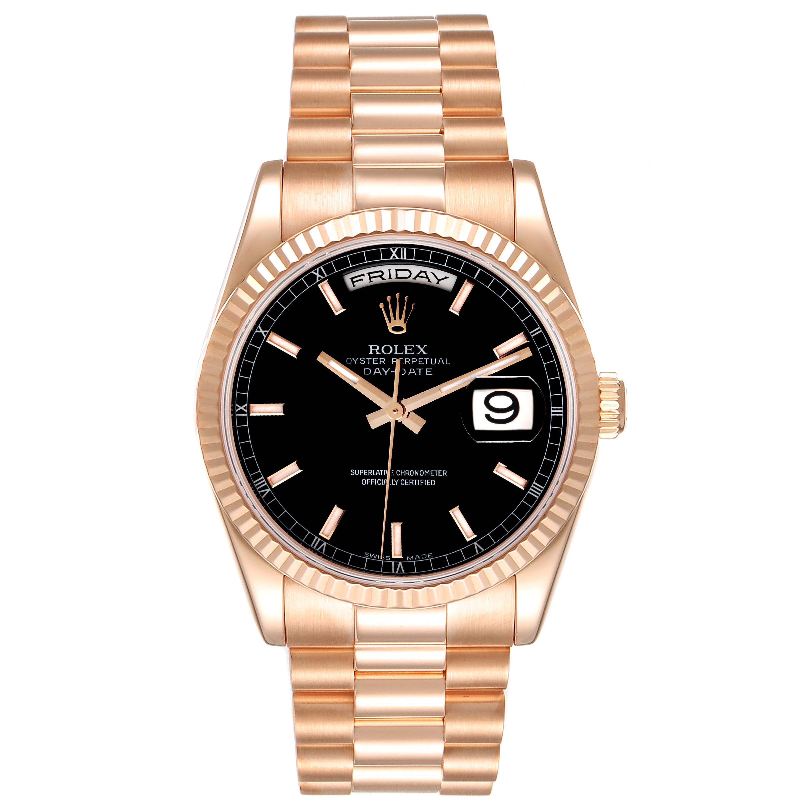 The Rolex President 118235 Men's Rose Gold Black Dial 118235 Men's Rose Gold Black Dial model watch is shown from the front, displaying its face, dial, bracelet, and date window.