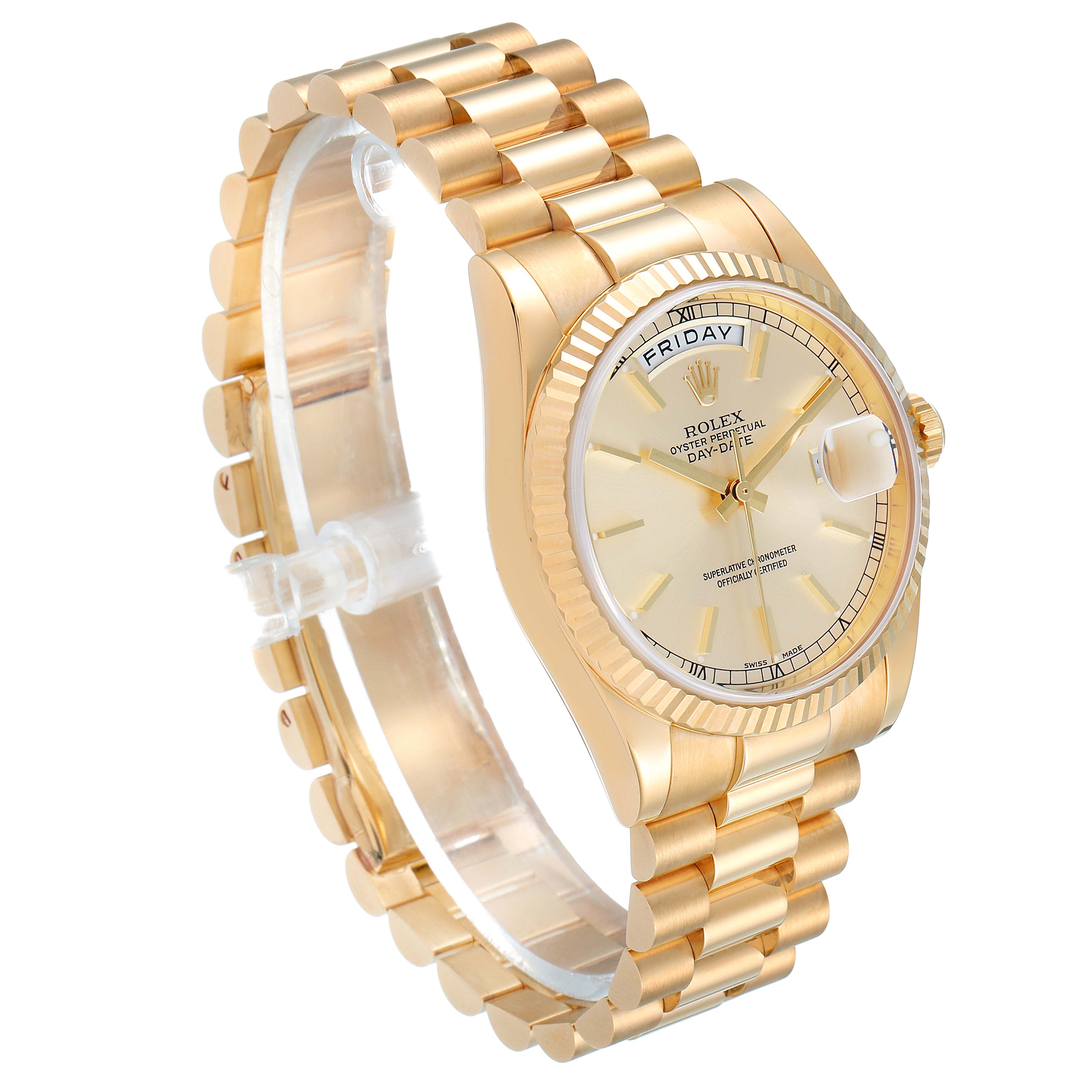 The image shows a Rolex President 118238 Men
s Yellow Gold Champagne Dial 118238 Men
s Yellow Gold Champagne Dial model watch at an angle displaying the face, crown, bracelet, and clasp.