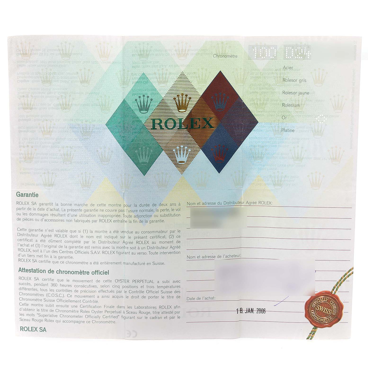 The image shows the warranty certificate for the Rolex President 118238 Men
s Yellow Gold Champagne Dial 118238 Men
s Yellow Gold Champagne Dial model watch.