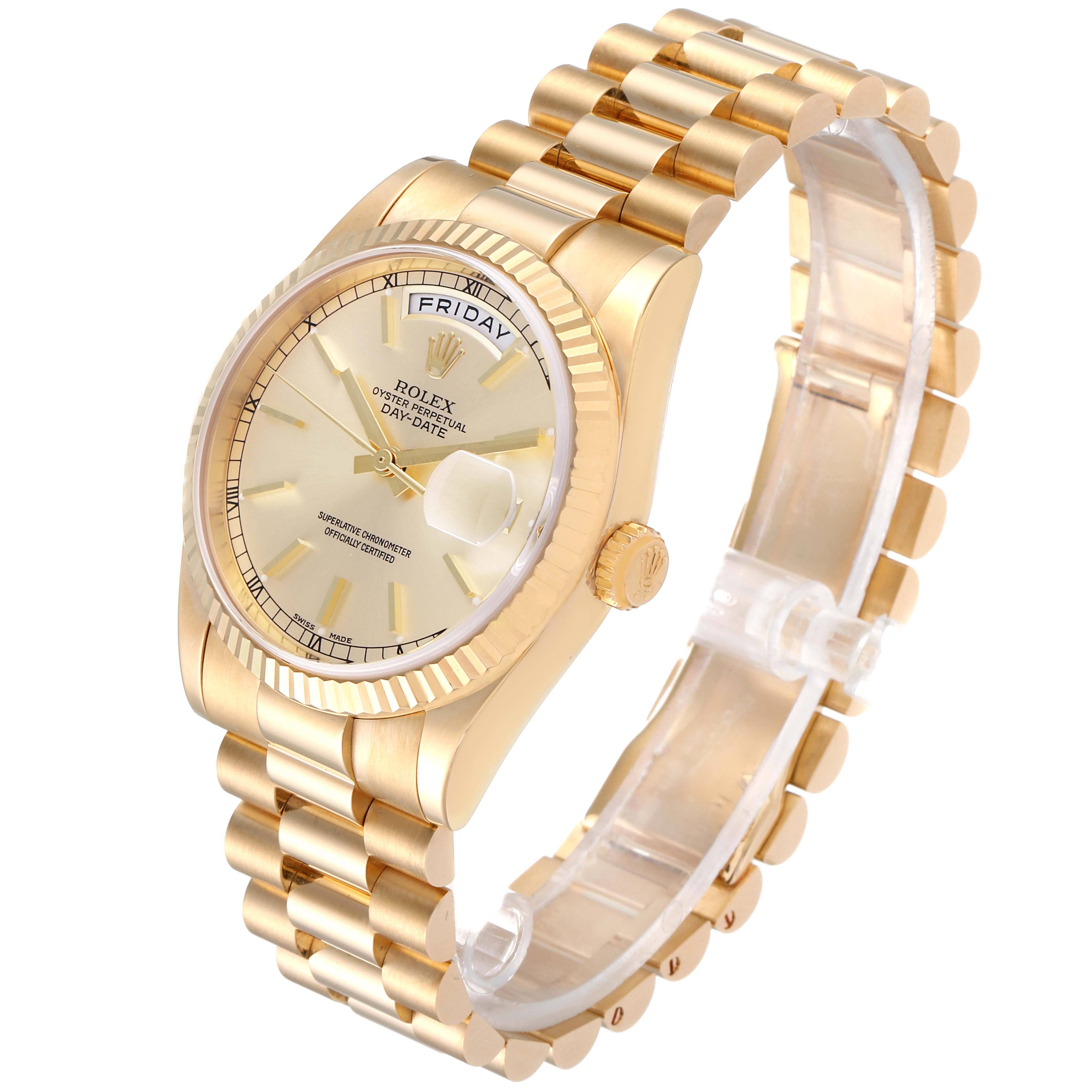 The Rolex President 118238 Men
s Yellow Gold Champagne Dial 118238 Men
s Yellow Gold Champagne Dial model watch is shown at a slight angle, displaying the face, band, crown, and part of the clasp.