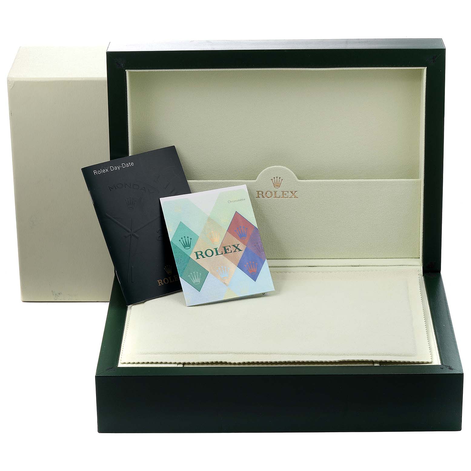 This image shows an empty Rolex watch box with booklets for the Rolex President 118238 Men
s Yellow Gold Champagne Dial 118238 Men
s Yellow Gold Champagne Dial model, including its outer cover.
