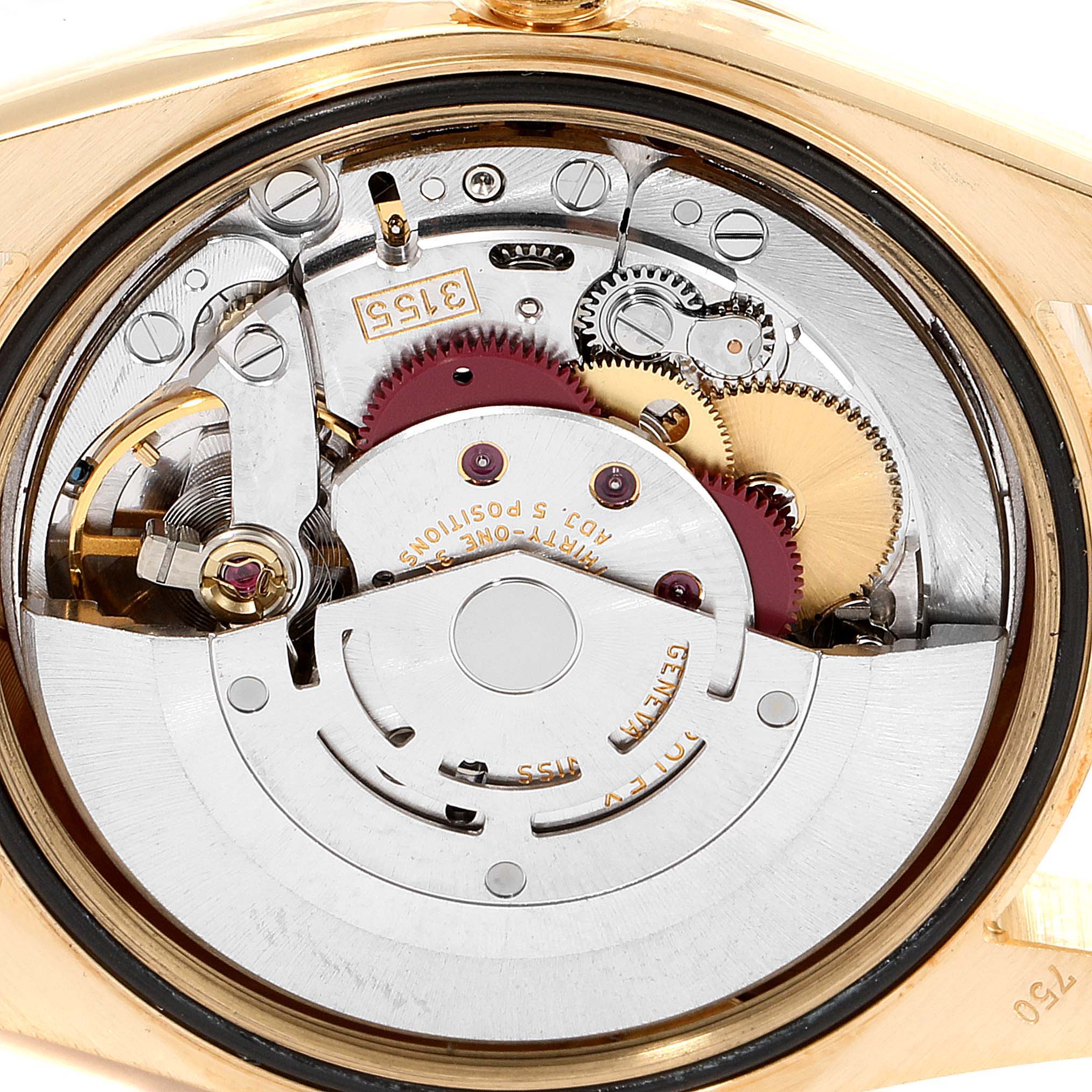 This image shows the internal mechanical movement of a Rolex President 118238 Men
s Yellow Gold Champagne Dial 118238 Men
s Yellow Gold Champagne Dial model watch from a close-up, rear angle.