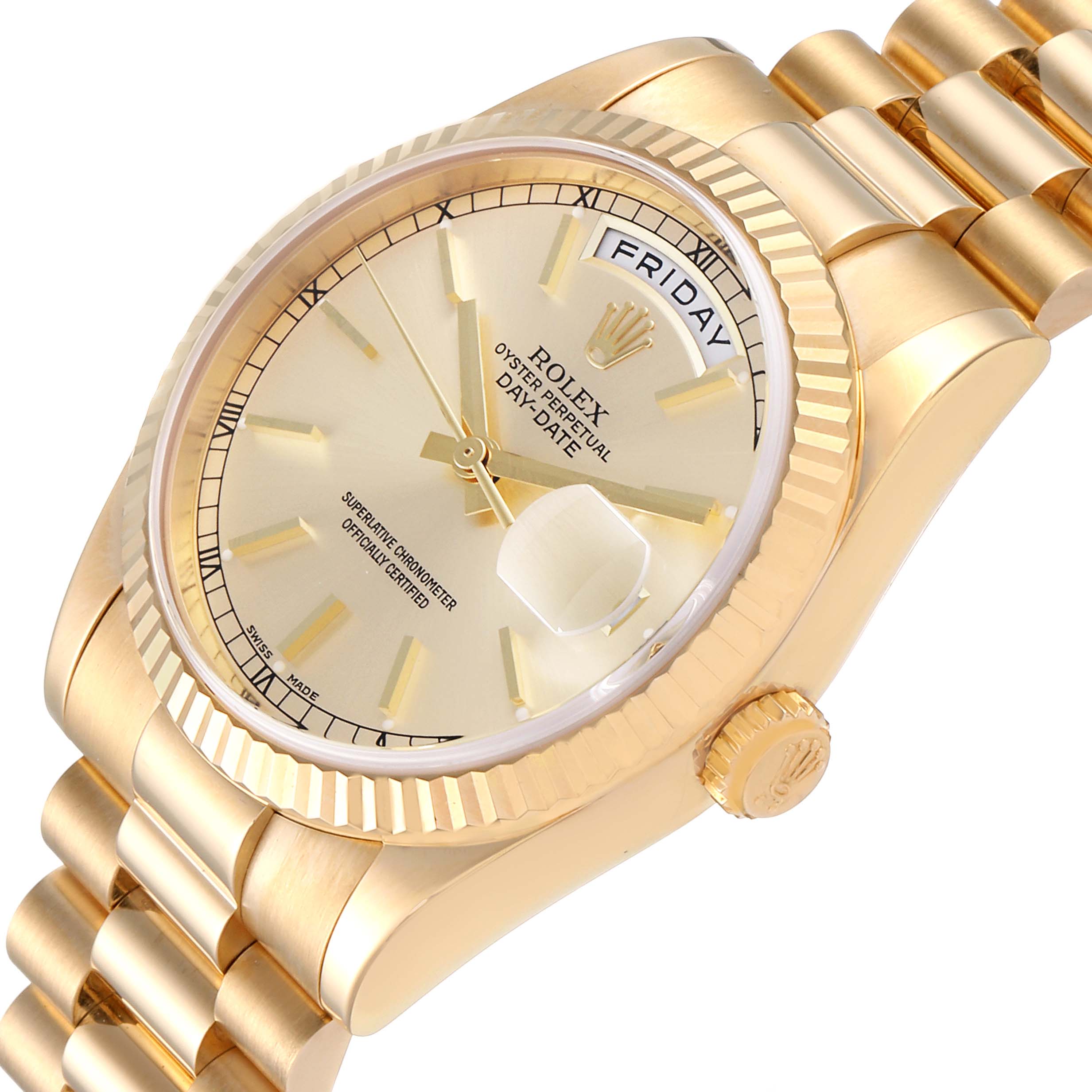 This image shows a close-up view of the Rolex President 118238 Men
s Yellow Gold Champagne Dial 118238 Men
s Yellow Gold Champagne Dial model watch, highlighting the dial, bezel, case, and part of the bracelet.