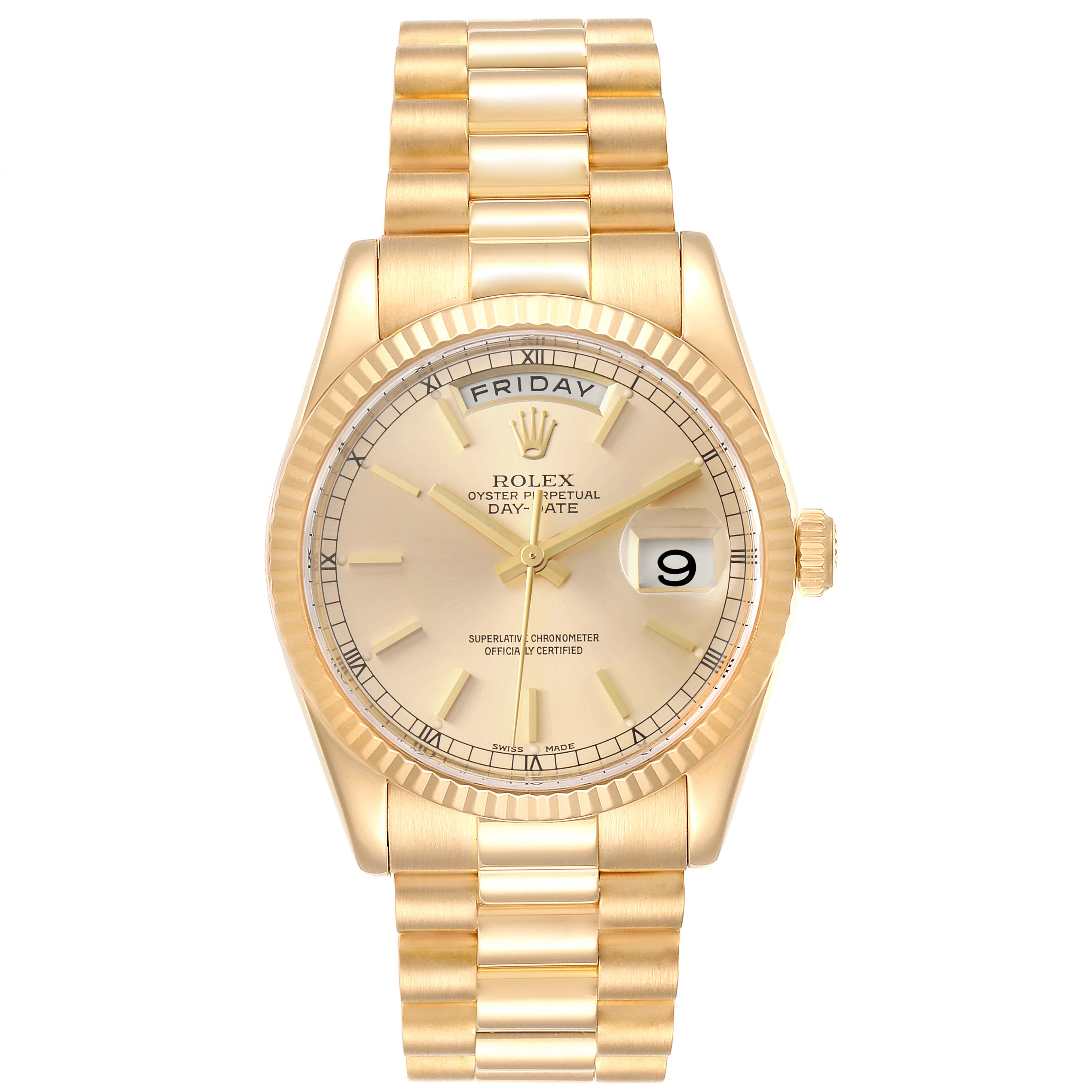 The Rolex President 118238 Men
s Yellow Gold Champagne Dial 118238 Men
s Yellow Gold Champagne Dial model watch is shown from a top-down angle, highlighting the dial, day-date display, and bracelet.
