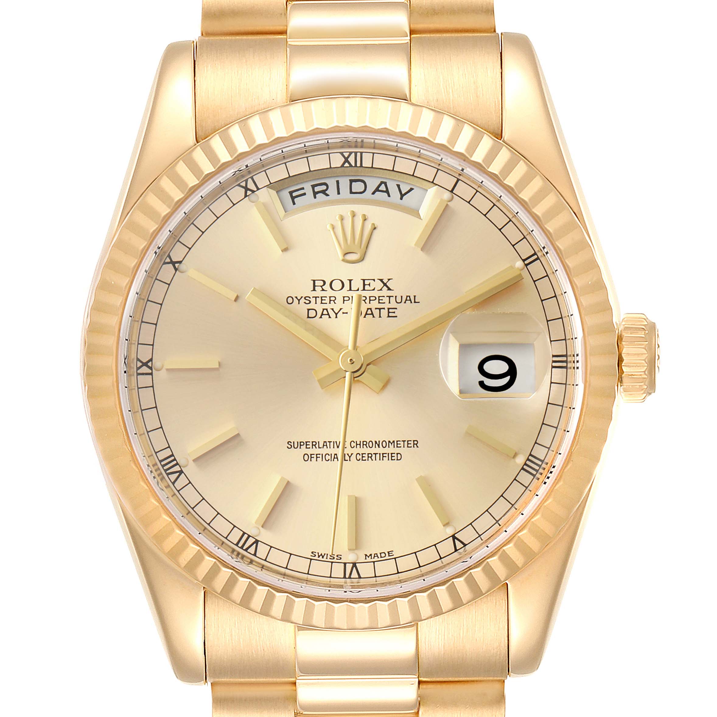 The image shows a frontal view of a Rolex President 118238 Men
s Yellow Gold Champagne Dial 118238 Men
s Yellow Gold Champagne Dial model watch, highlighting its golden bezel, face, bracelet, and day-date display.