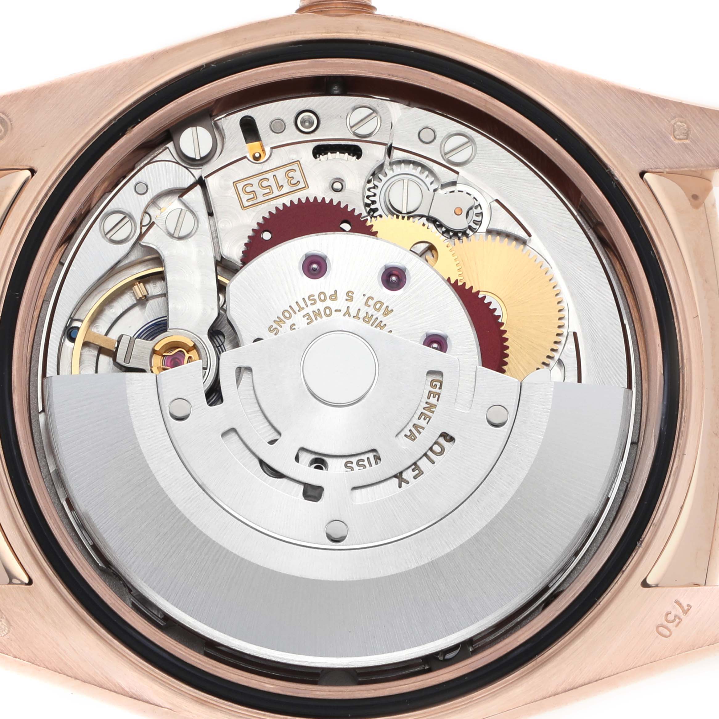 The image shows the movement of a Rolex President 118135 Men's Rose Gold Brown Dial model, specifically its intricate inner mechanism.
