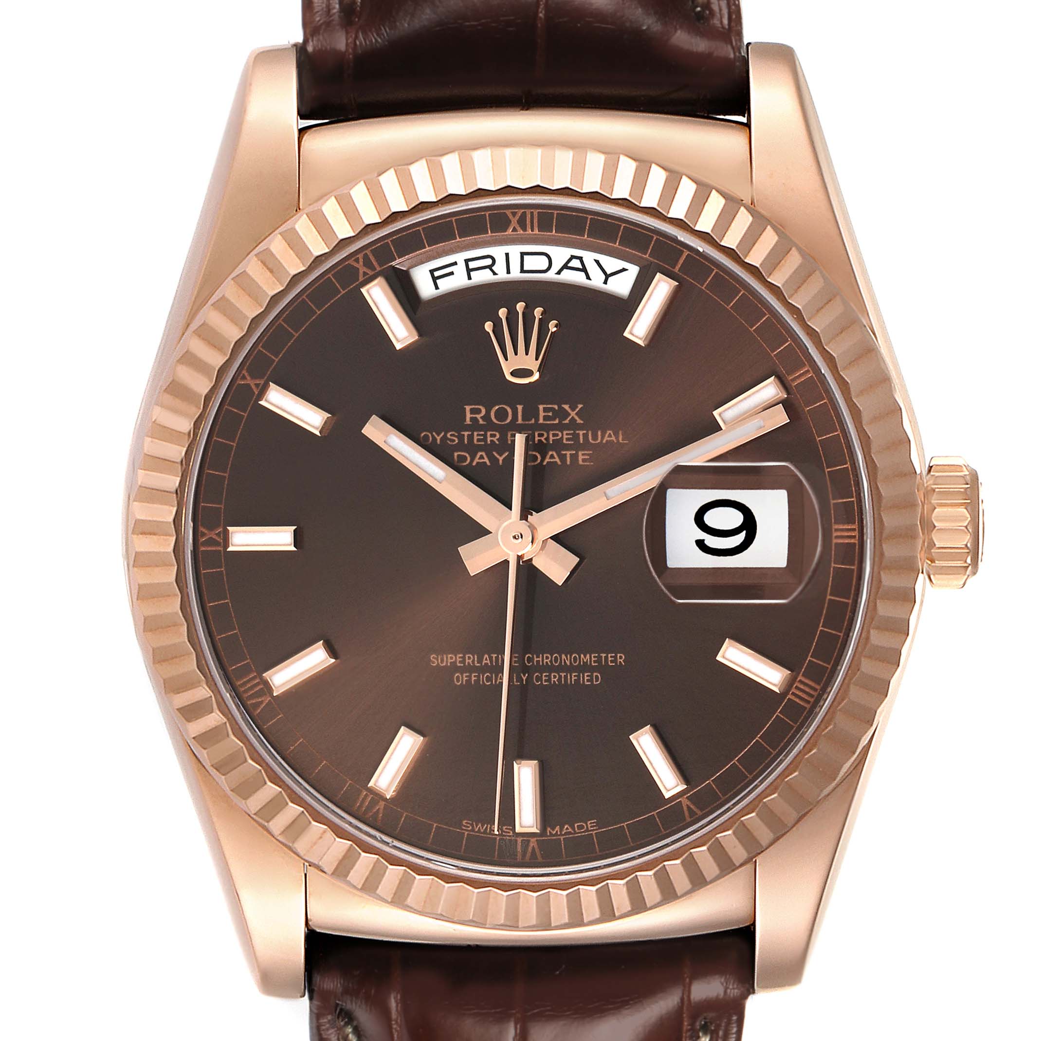 The Rolex President 118135 Men's Rose Gold Brown Dial model watch is shown from a front angle, highlighting its bezel, dial, hands, day, and date display.