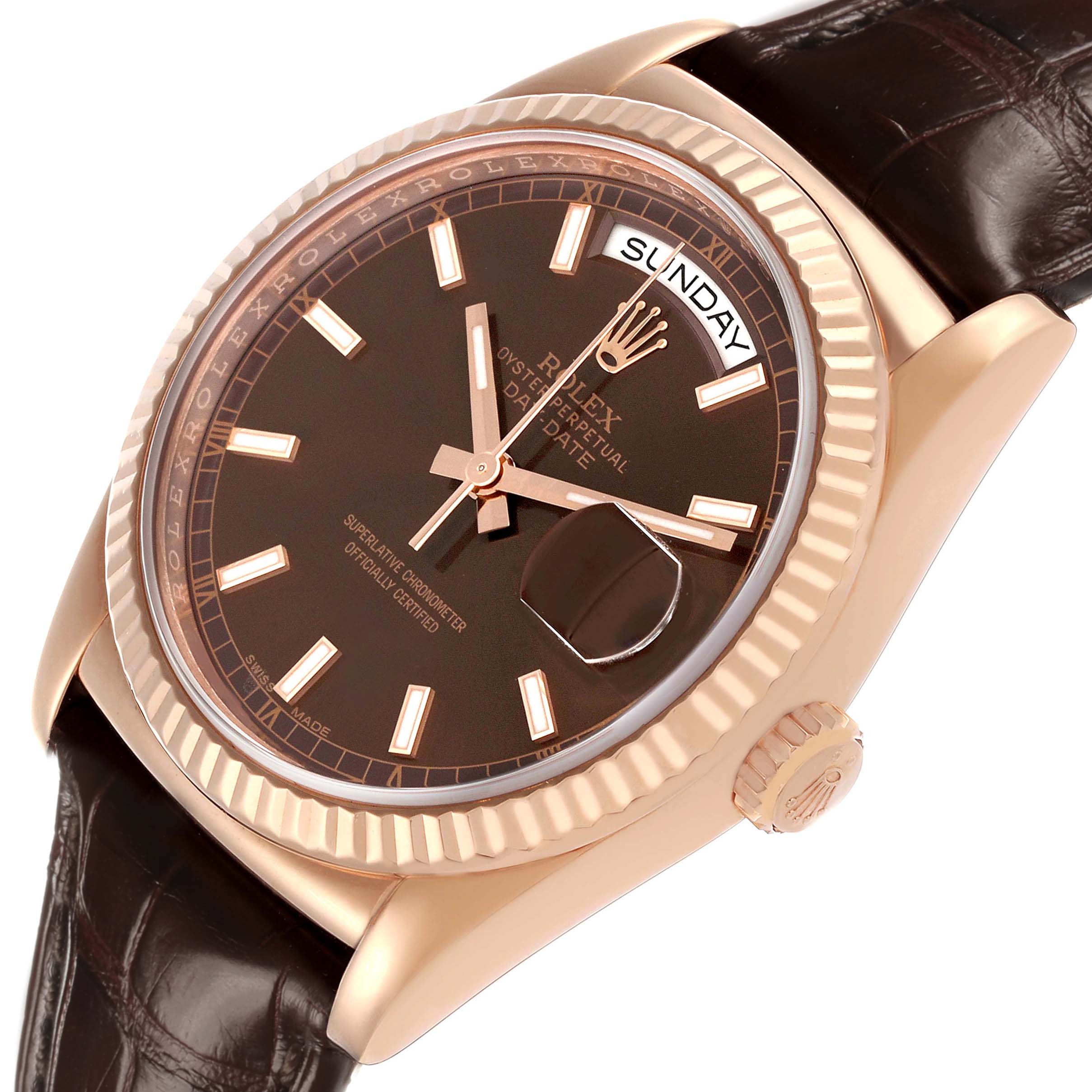 The Rolex President 118135 Men's Rose Gold Brown Dial model is shown at a slight angle, displaying its face, bezel, crown, and part of the leather strap.