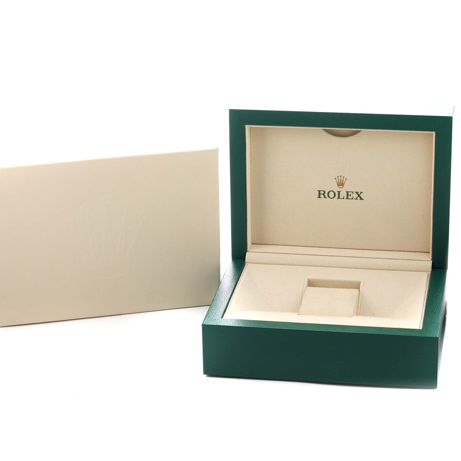 The image shows an unopened Rolex watch box for the President model, viewed from the front, with a matching outer case.