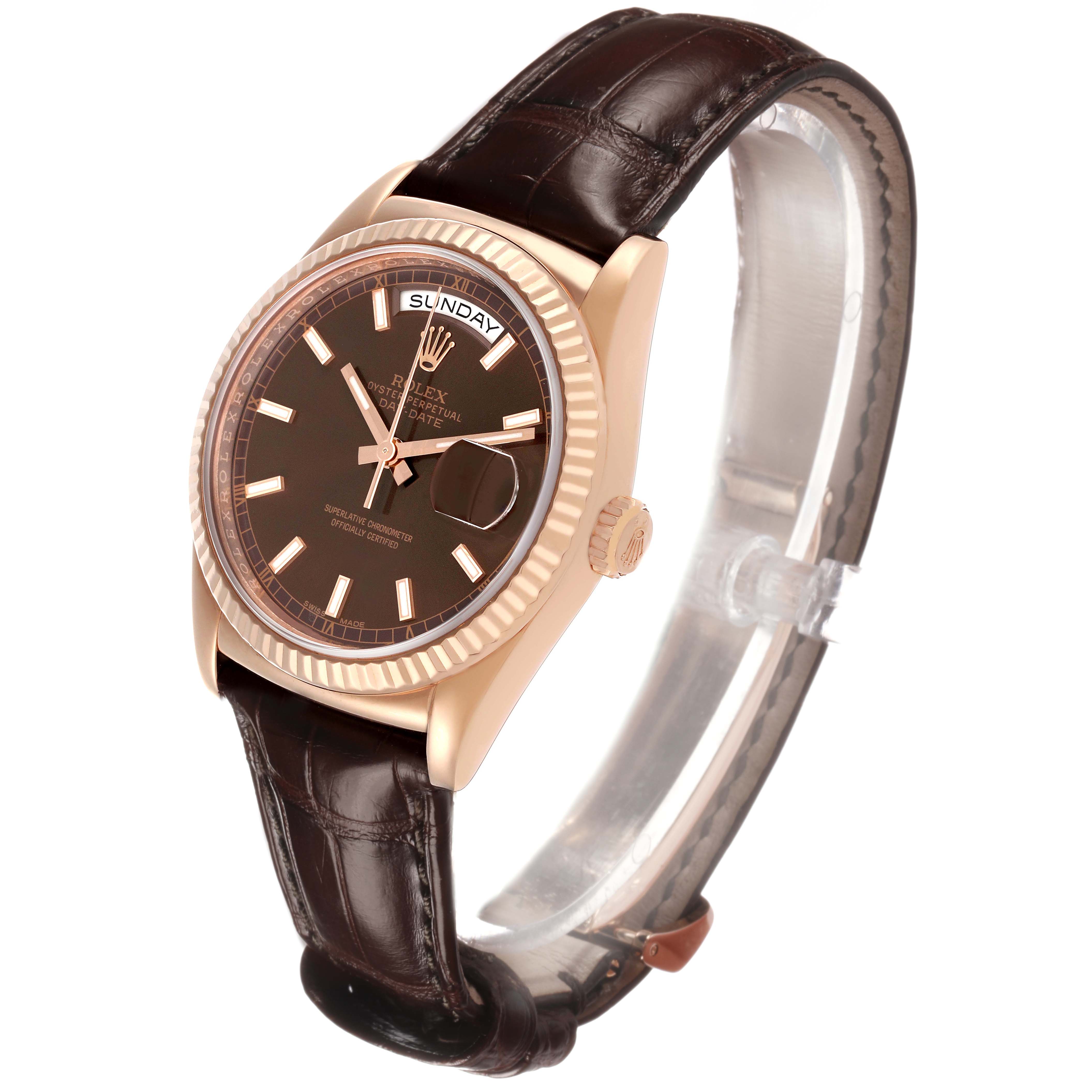 The Rolex President 118135 Men's Rose Gold Brown Dial watch is shown at a three-quarter angle, highlighting the dial, fluted bezel, and leather strap.
