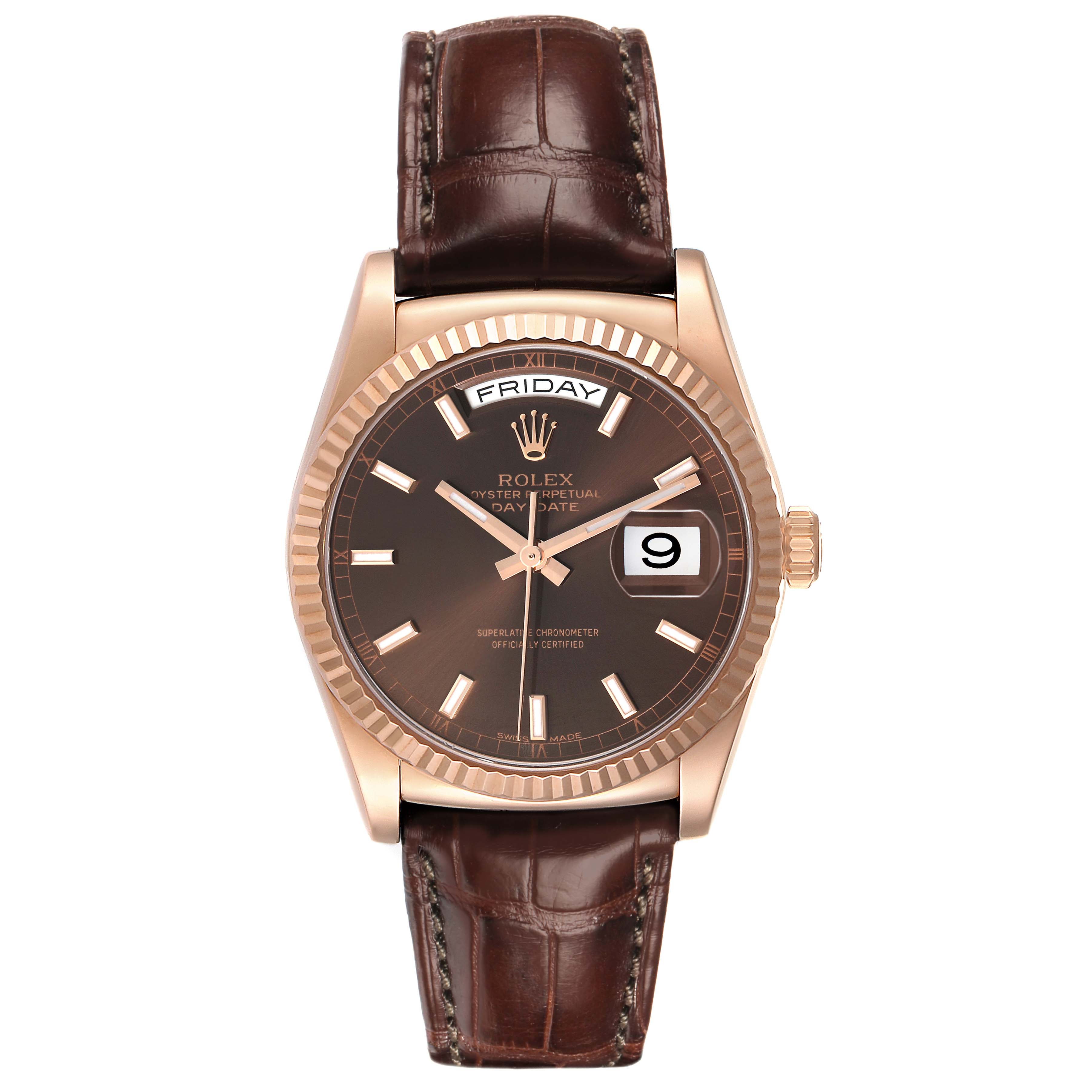 The Rolex President 118135 Men's Rose Gold Brown Dial model watch is shown from the front, displaying the dial, bezel, case, and brown leather strap.