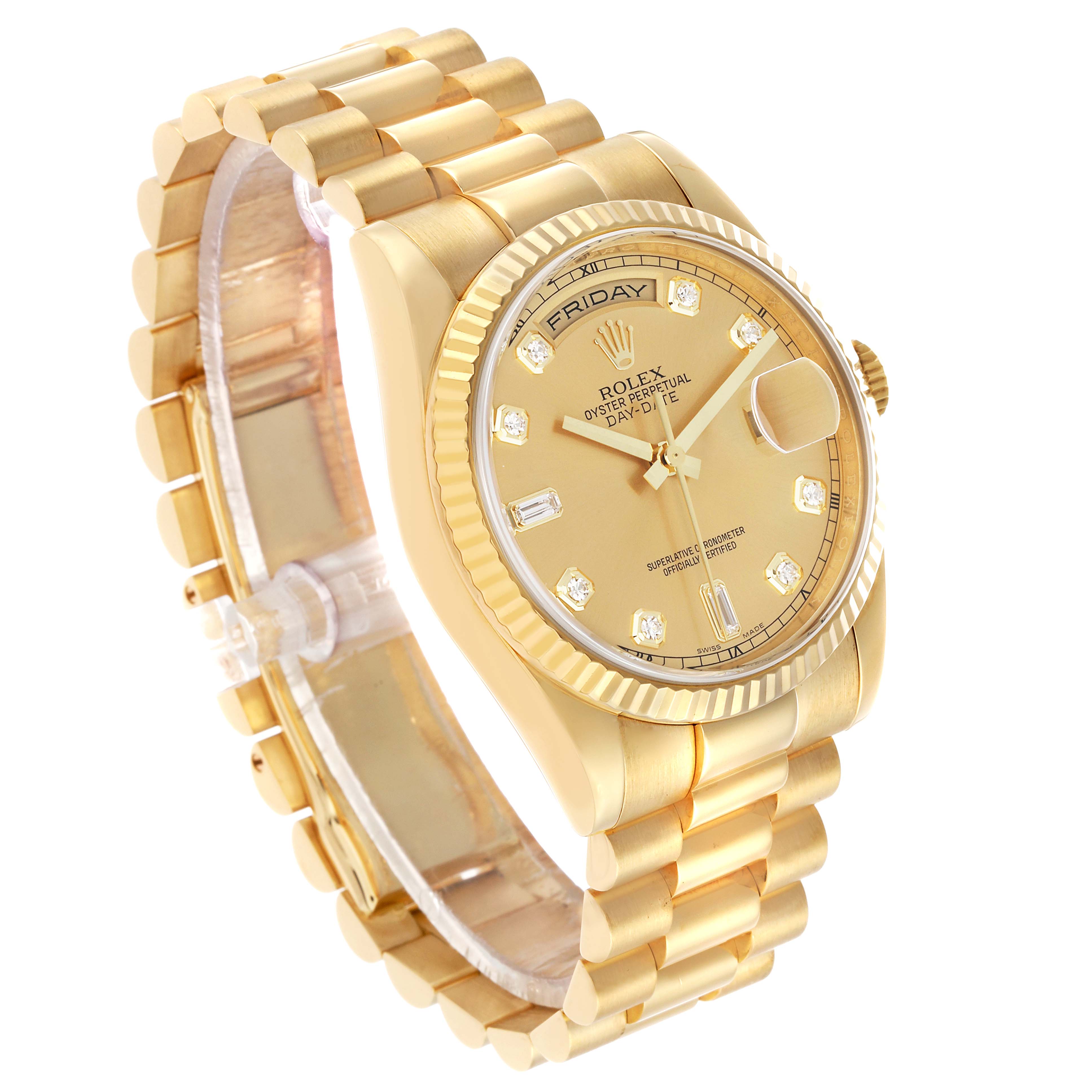 The Rolex President 118238 Men's Yellow Gold Champagne Dial model is shown at a three-quarter angle, displaying the gold case, fluted bezel, dial, and bracelet.