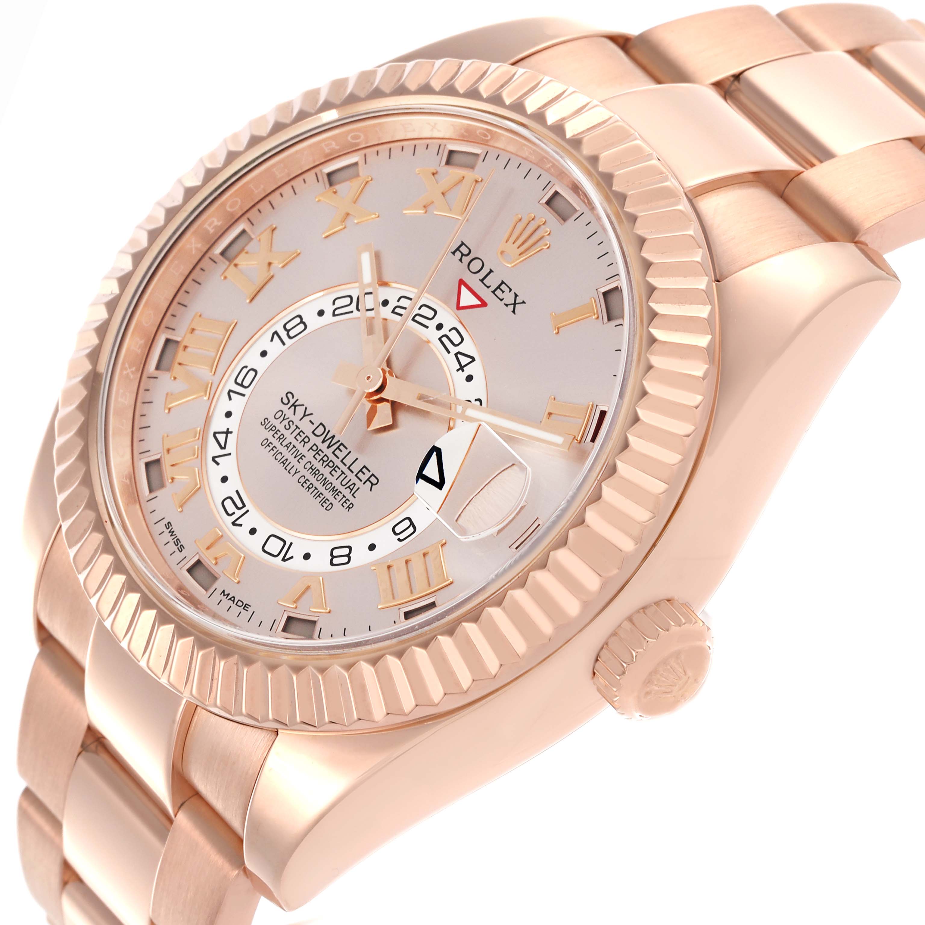 The Rolex Sky-Dweller 326935 Men's Rose Gold Pink Dial 326935 Men's Rose Gold Pink Dial is shown at an angle highlighting the face, bezel, crown, and part of the bracelet.