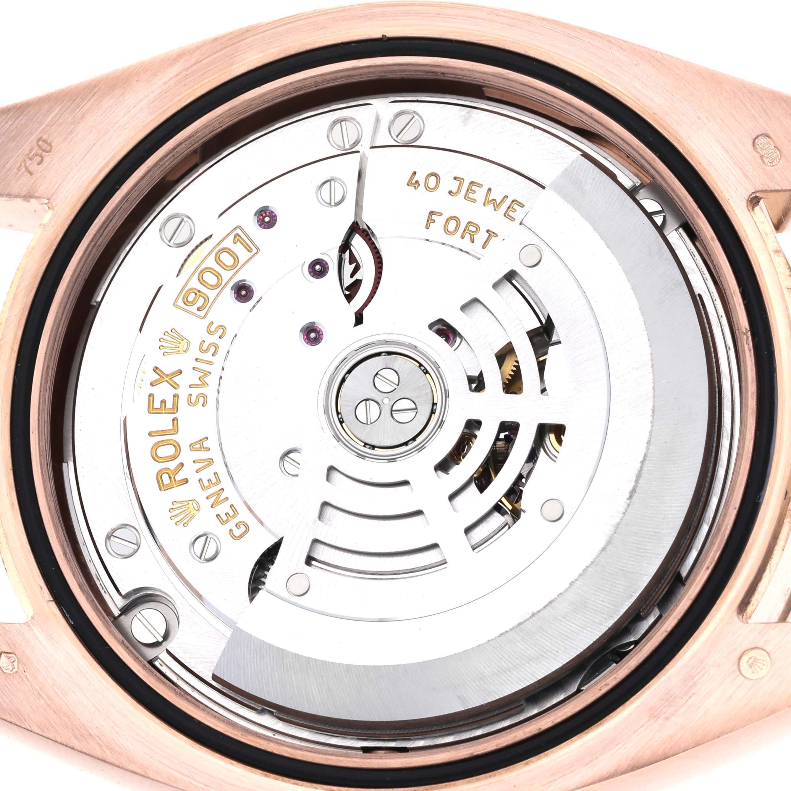 The image shows the back view of the Rolex Sky-Dweller 326935 Men's Rose Gold Pink Dial 326935 Men's Rose Gold Pink Dial's movement, displaying its mechanical components.