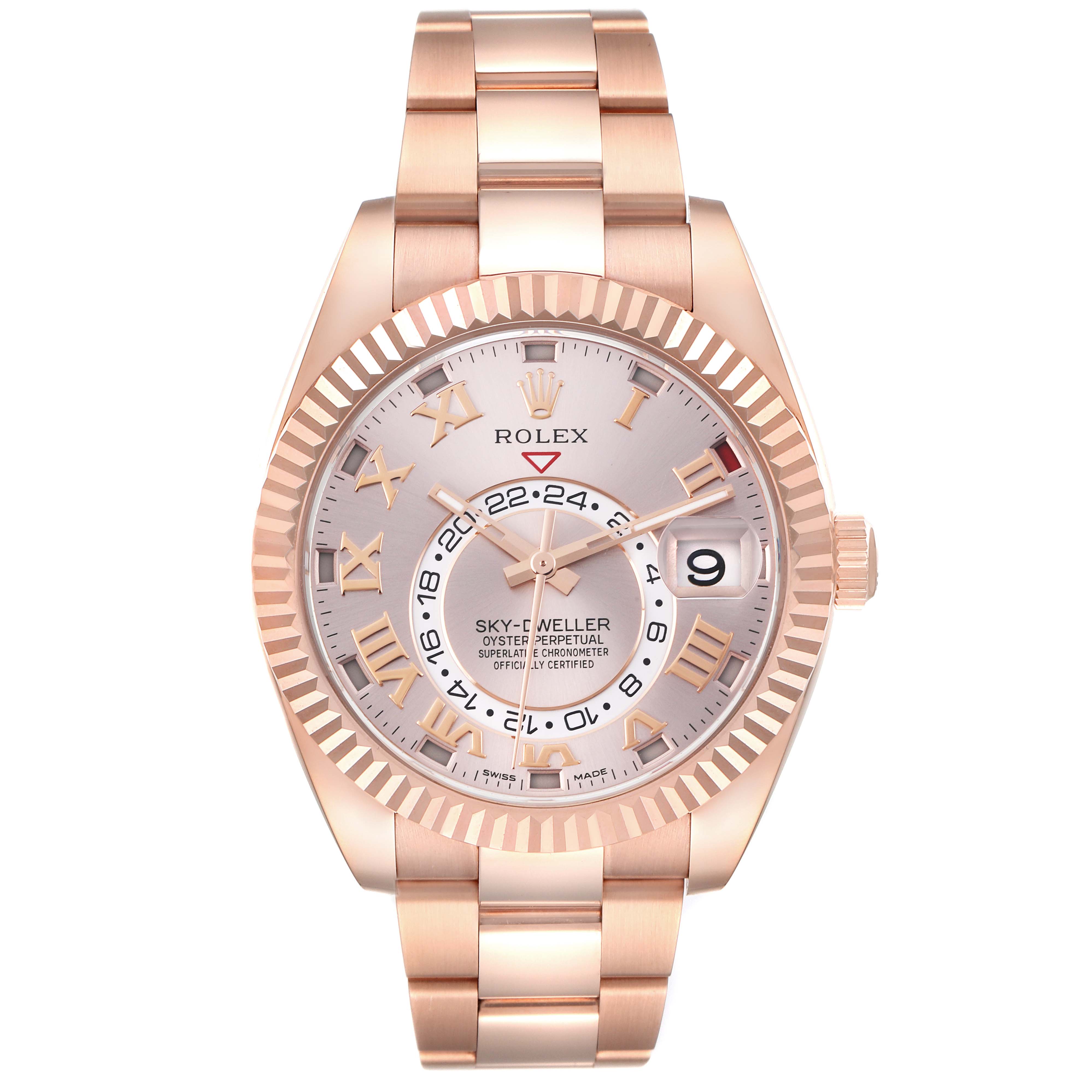 The Rolex Sky-Dweller 326935 Men's Rose Gold Pink Dial 326935 Men's Rose Gold Pink Dial is shown from the front, displaying the dial, bezel, and bracelet.