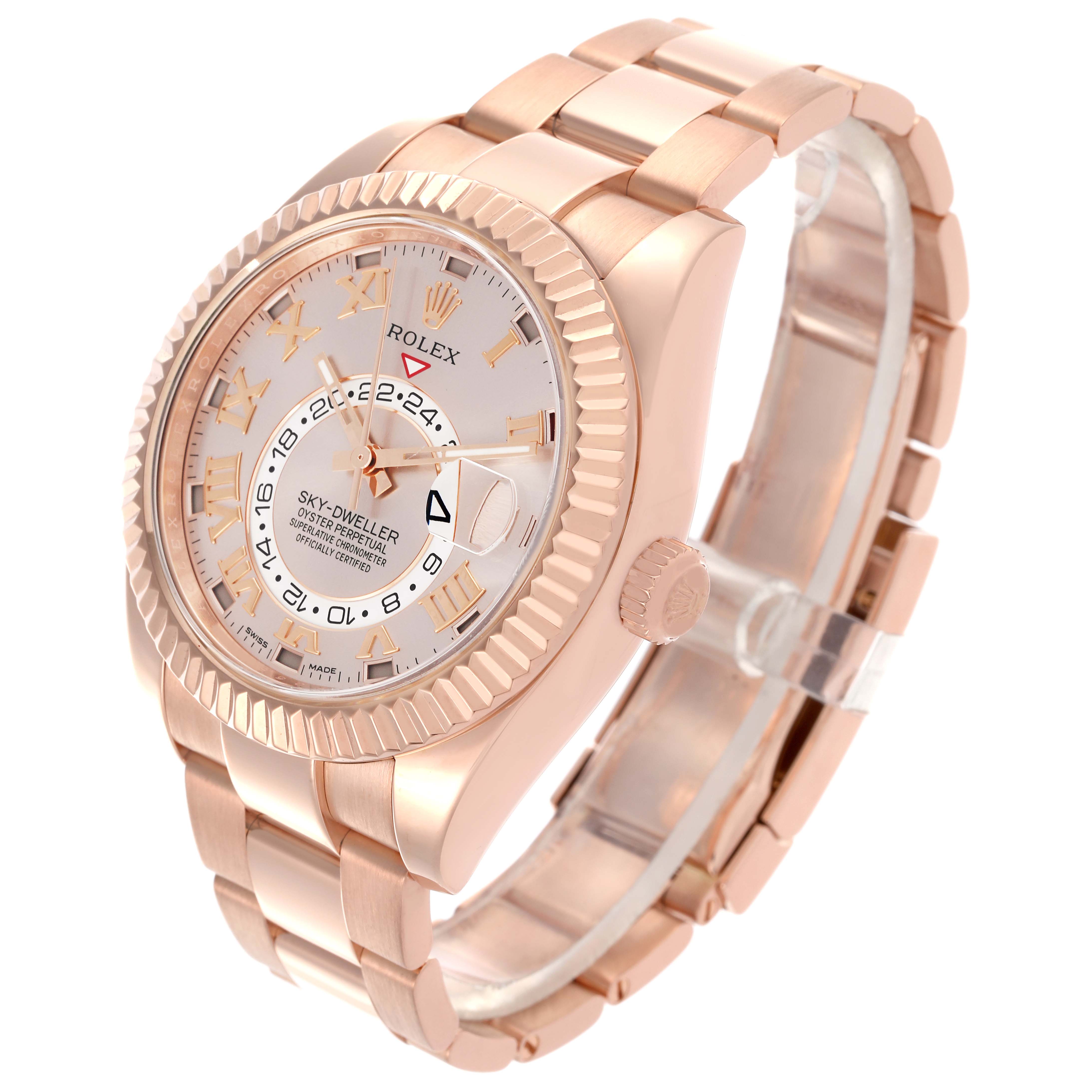 The Rolex Sky-Dweller 326935 Men's Rose Gold Pink Dial 326935 Men's Rose Gold Pink Dial watch is shown at a three-quarter angle highlighting the face, bezel, crown, and bracelet.