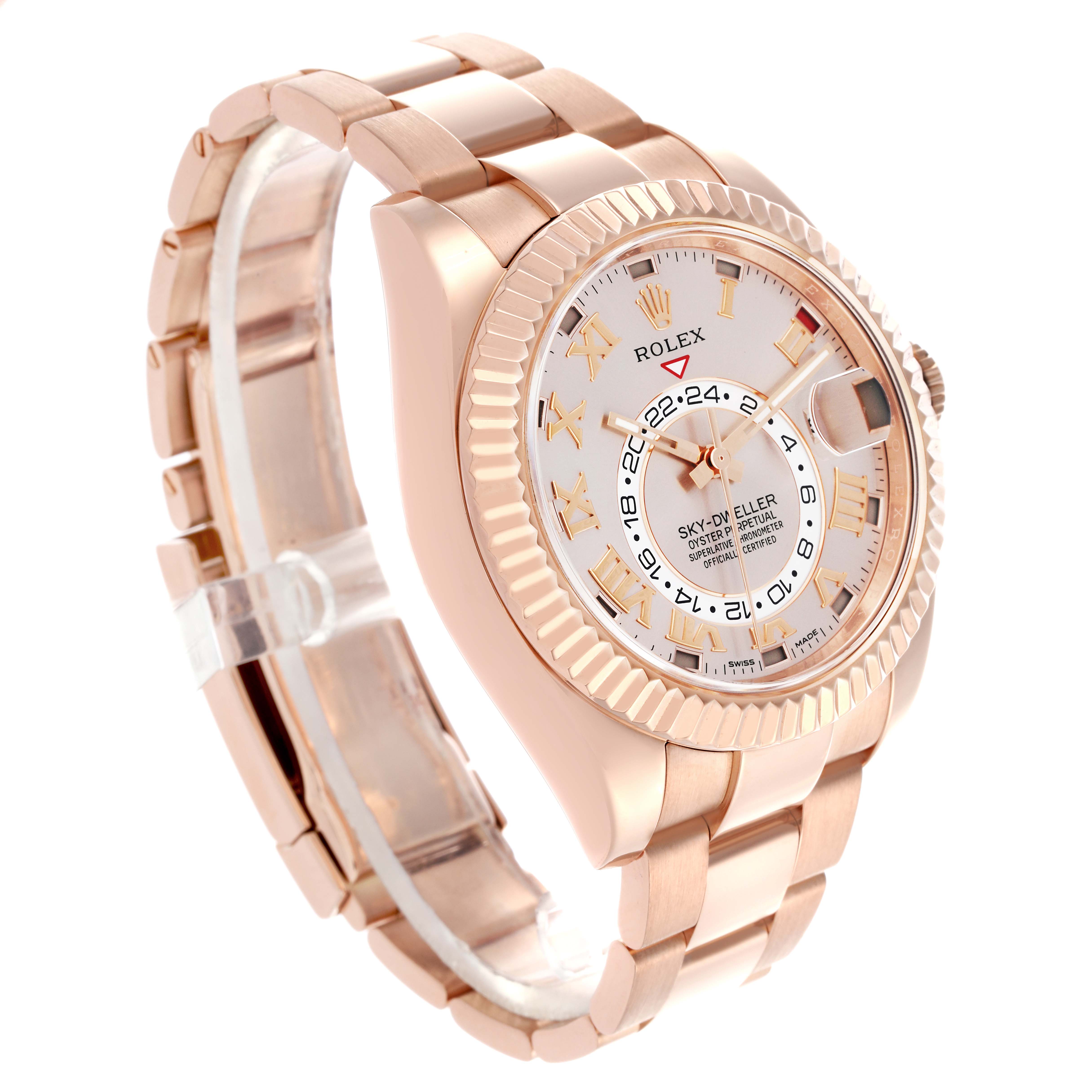 The Rolex Sky-Dweller 326935 Men's Rose Gold Pink Dial 326935 Men's Rose Gold Pink Dial is shown at a three-quarter angle, highlighting the face, bezel, and bracelet.