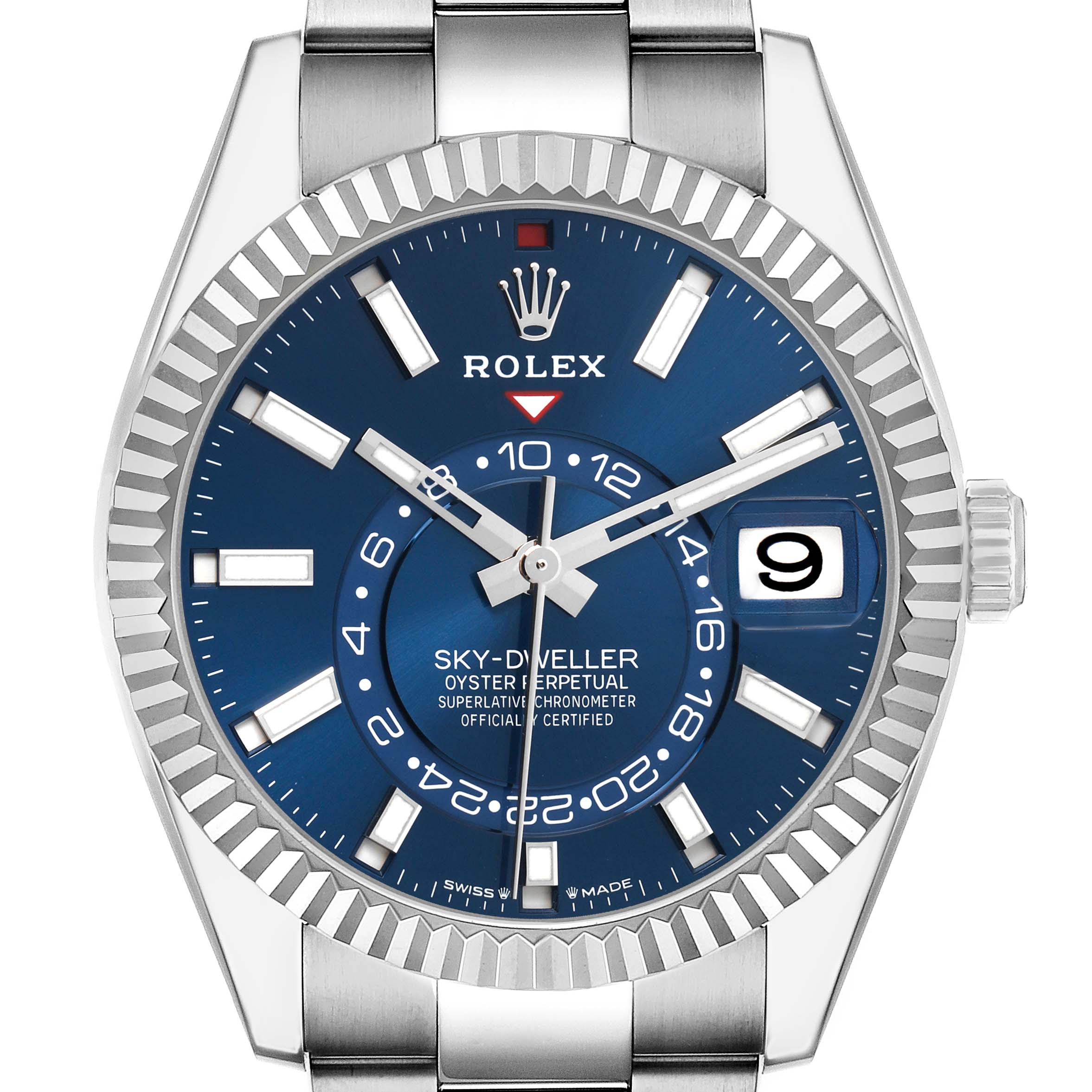 The Rolex Sky-Dweller 336934 Men's Stainless Steel Blue Dial is shown from a front angle, highlighting the face, bezel, and part of the bracelet.