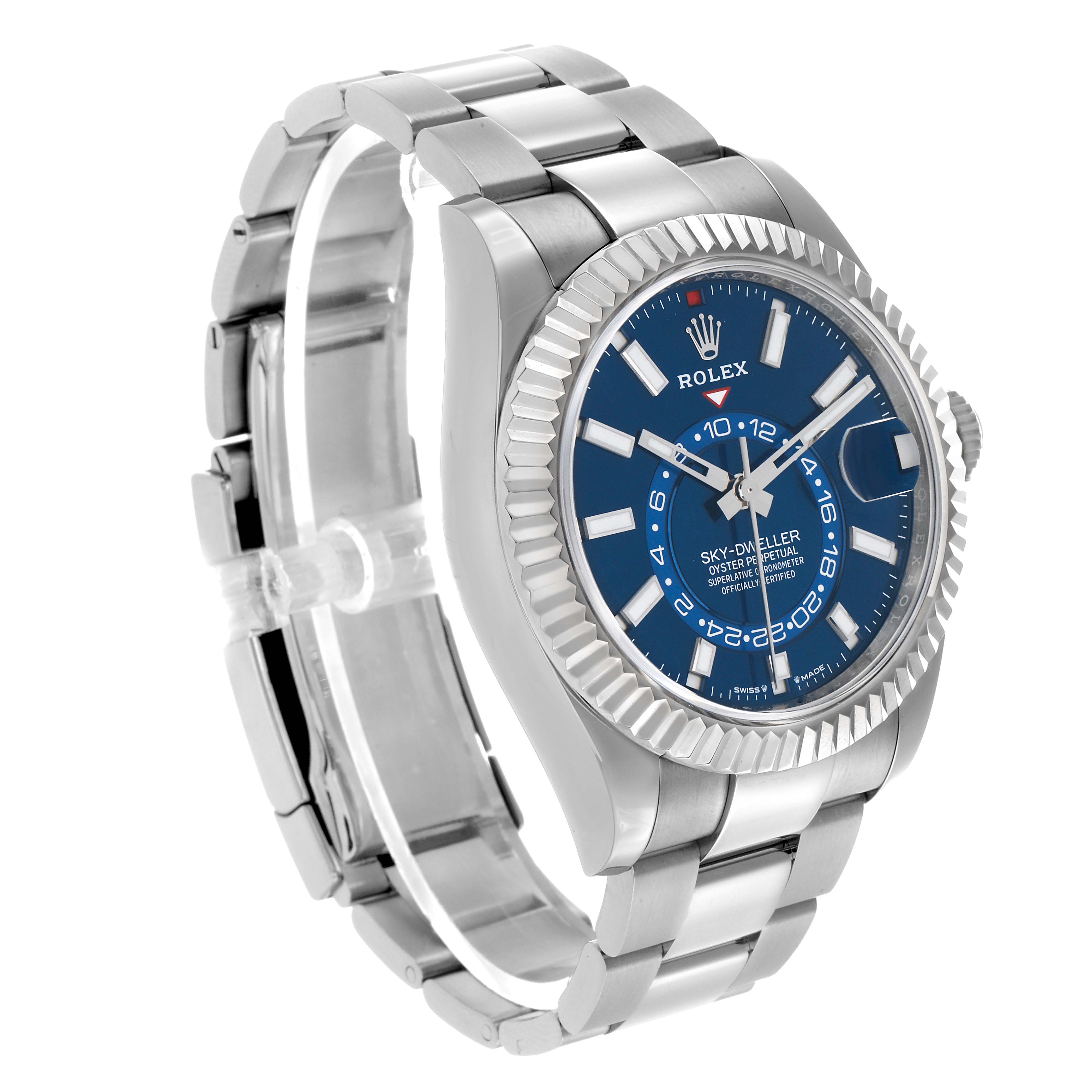 This image shows a Rolex Sky-Dweller 336934 Men's Stainless Steel Blue Dial at a slight side angle, highlighting the watch face, bezel, and bracelet.