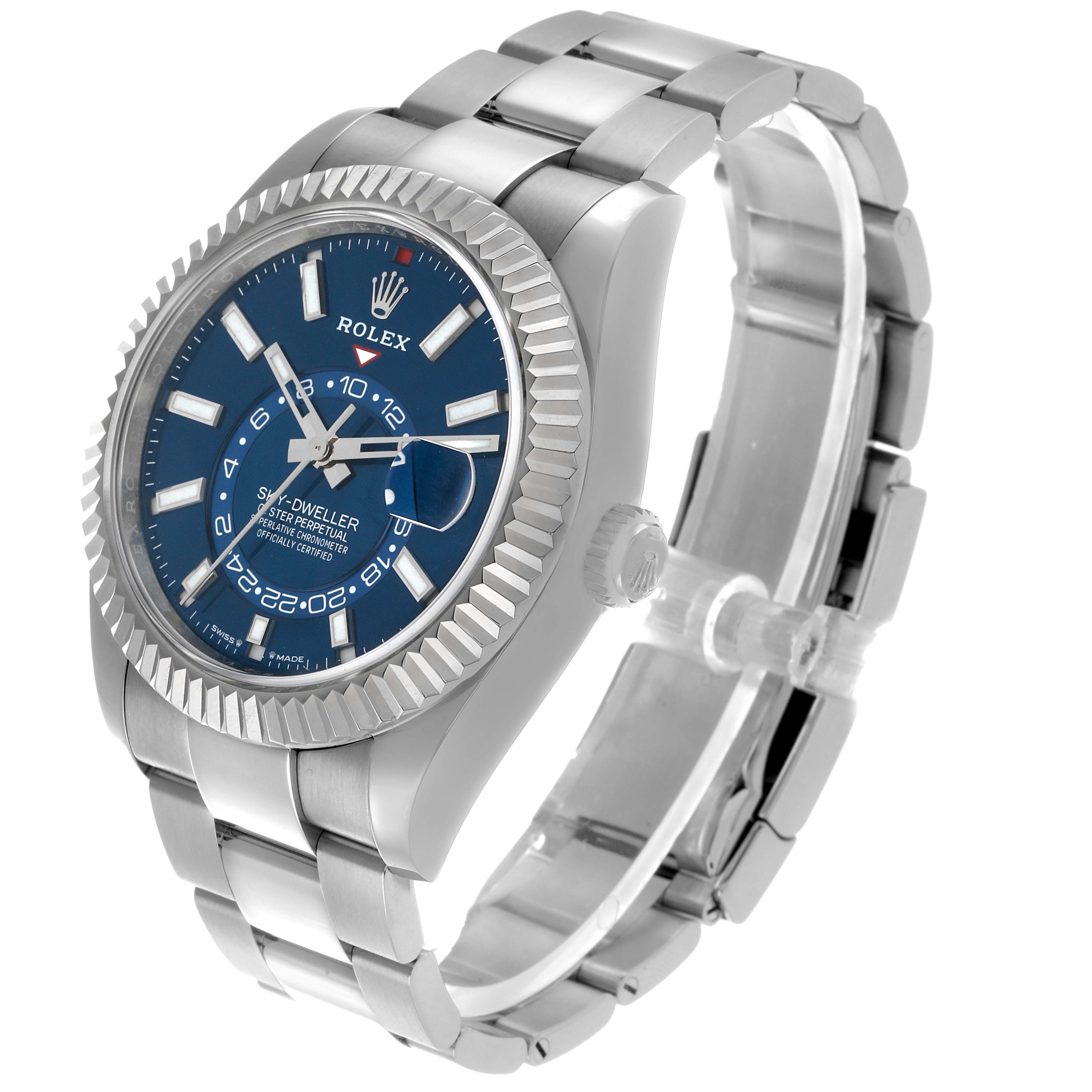 The Rolex Sky-Dweller 336934 Men's Stainless Steel Blue Dial is shown at a three-quarter angle, displaying the blue dial, fluted bezel, case, and bracelet.