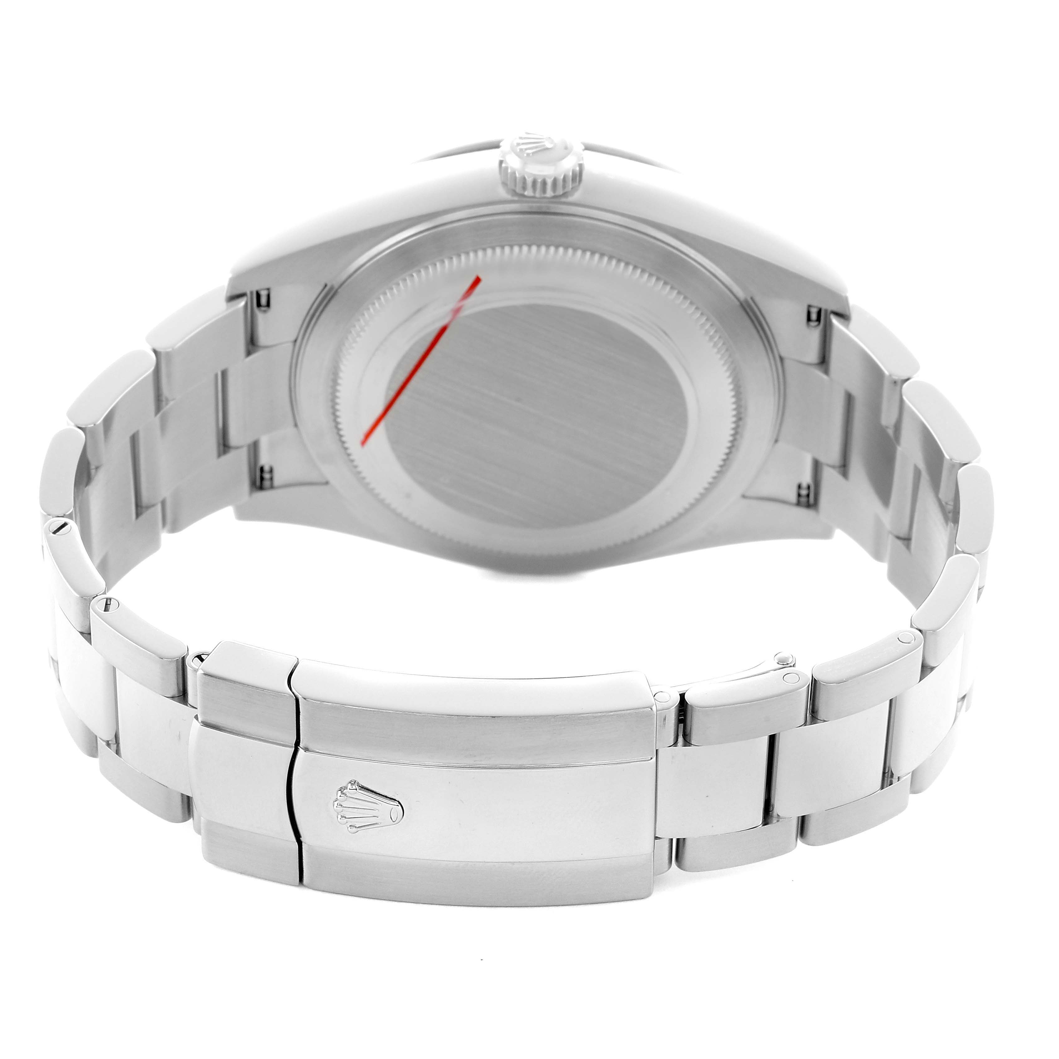 The image shows the Rolex Sky-Dweller 336934 Men's Stainless Steel Blue Dial from a rear angle, featuring the case back, bracelet, and clasp.