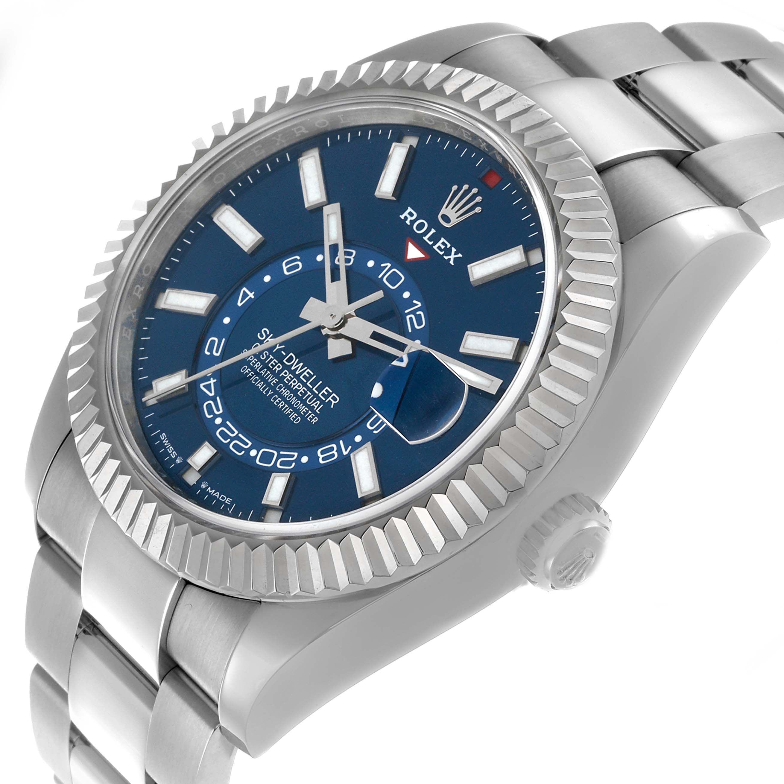The Rolex Sky-Dweller 336934 Men's Stainless Steel Blue Dial is shown at a three-quarter angle, displaying the blue dial, bezel, and partially the bracelet.