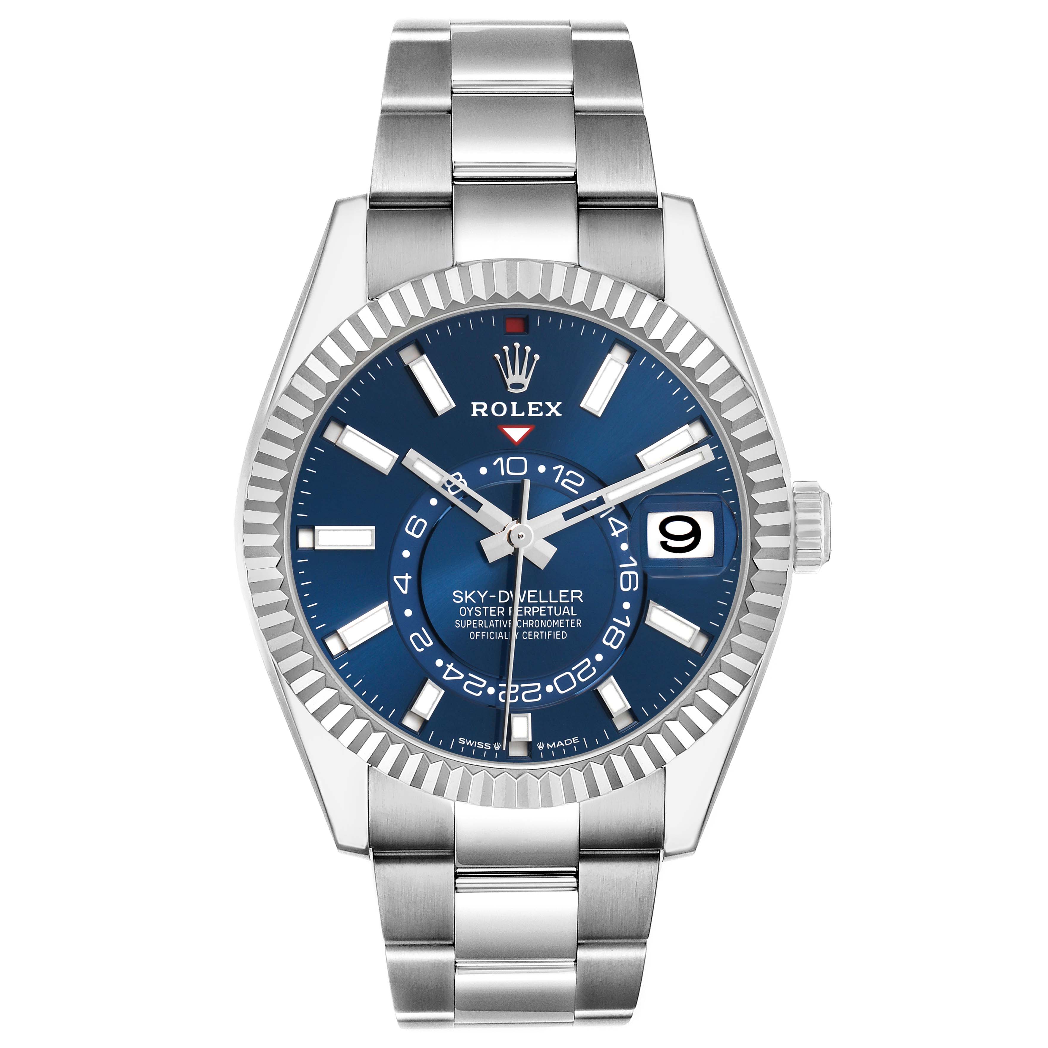The Rolex Sky-Dweller 336934 Men's Stainless Steel Blue Dial watch is shown from a frontal angle, displaying the face, bezel, and metal bracelet.