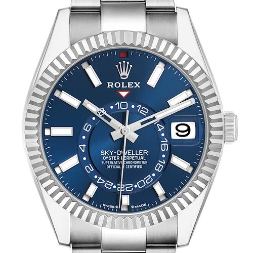 The image shows a frontal view of a Rolex Sky-Dweller 336934 Men's Stainless Steel Blue Dial watch, highlighting its blue dial, bezel, and bracelet.