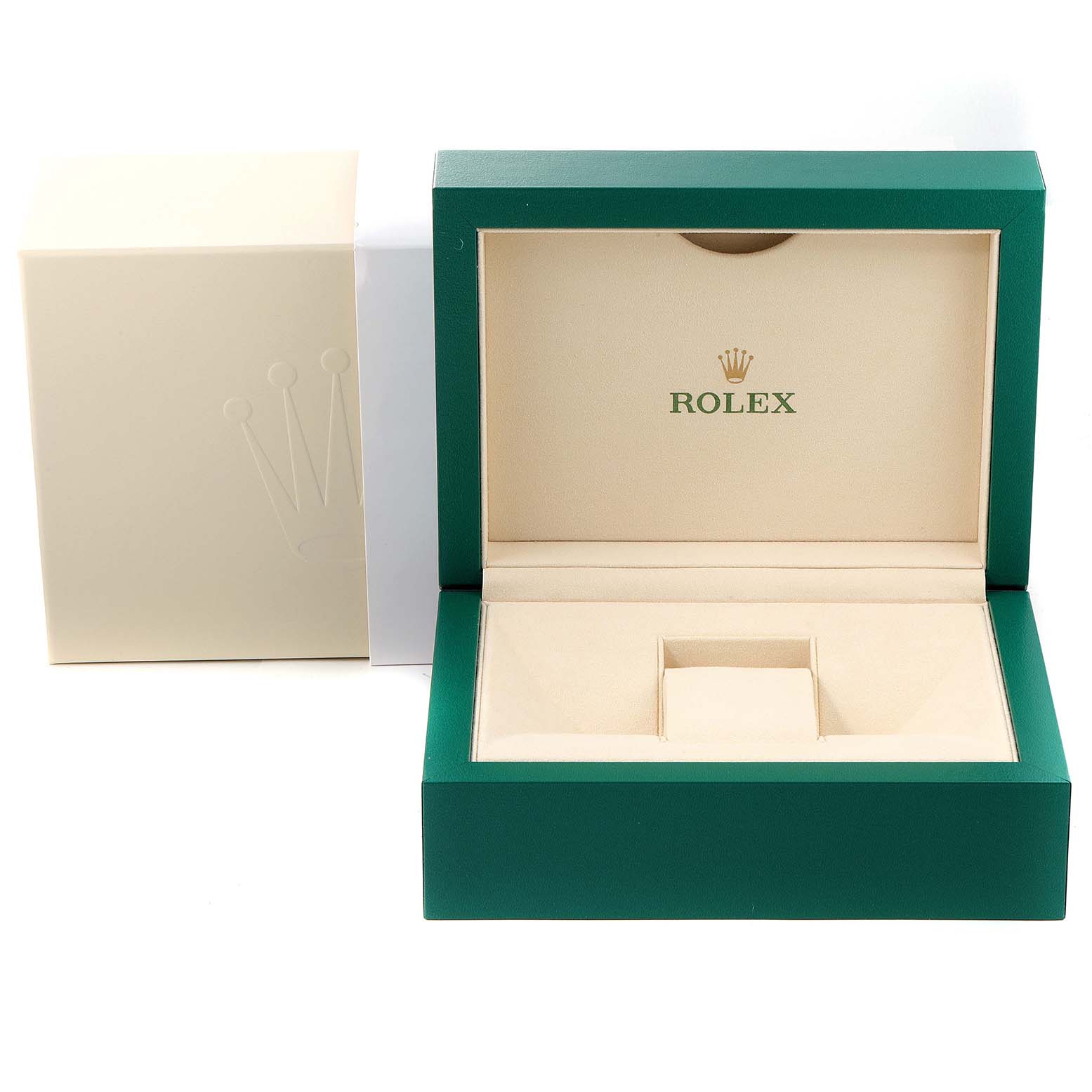 This image shows the opened green and beige watch box for a Rolex Submariner 116618 Men
s Yellow Gold Black Dial 116618 Men
s Yellow Gold Black Dial model, along with its outer box.