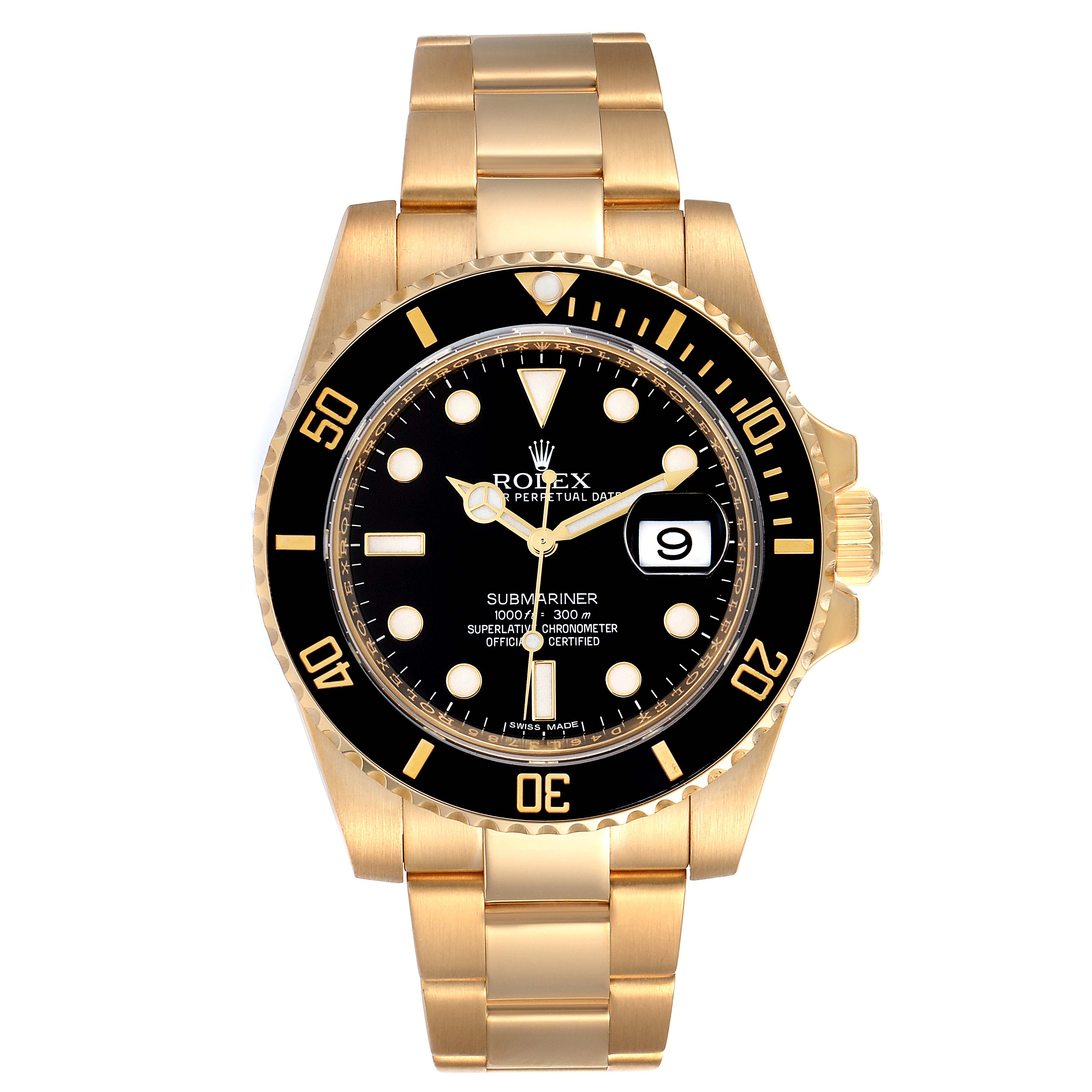 The Rolex Submariner 116618 Men
s Yellow Gold Black Dial 116618 Men
s Yellow Gold Black Dial watch is shown from the front, displaying the dial, bezel, crown, and bracelet.