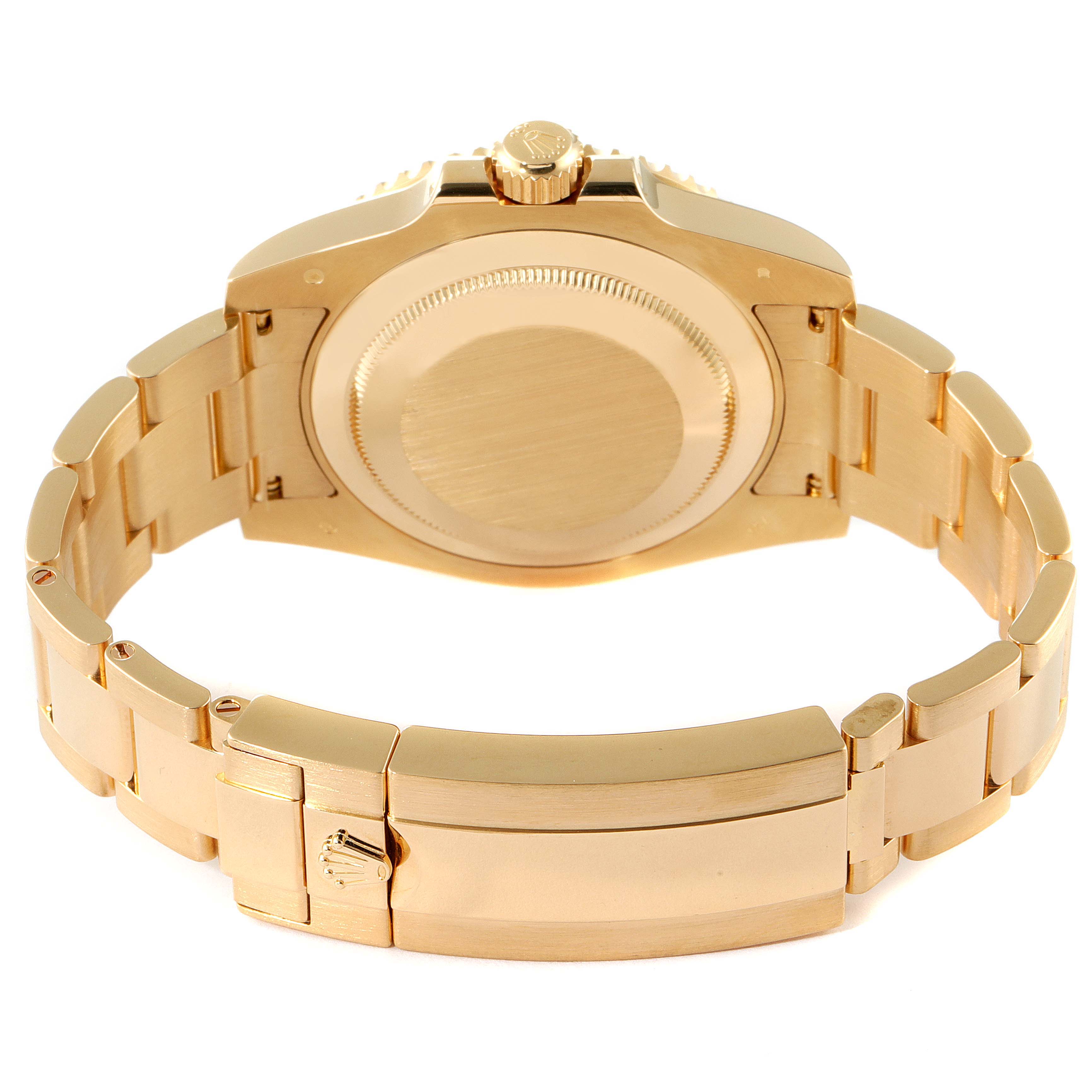 This image shows the back case and clasp of a Rolex Submariner 116618 Men
s Yellow Gold Black Dial 116618 Men
s Yellow Gold Black Dial watch from the rear angle.