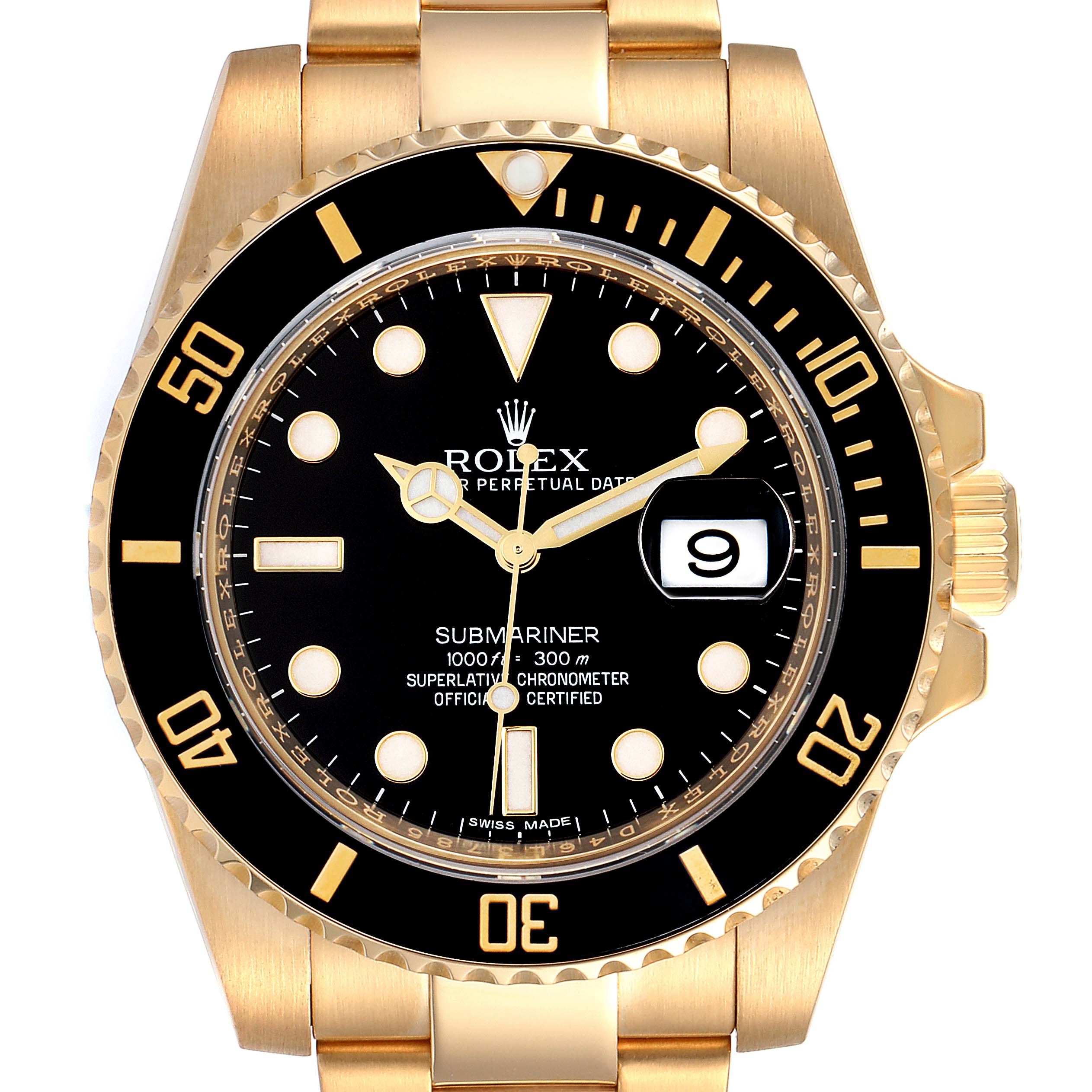 This image shows a front view of the Rolex Submariner 116618 Men
s Yellow Gold Black Dial 116618 Men
s Yellow Gold Black Dial watch, highlighting its black dial, gold case, and date window at 3 o
clock.