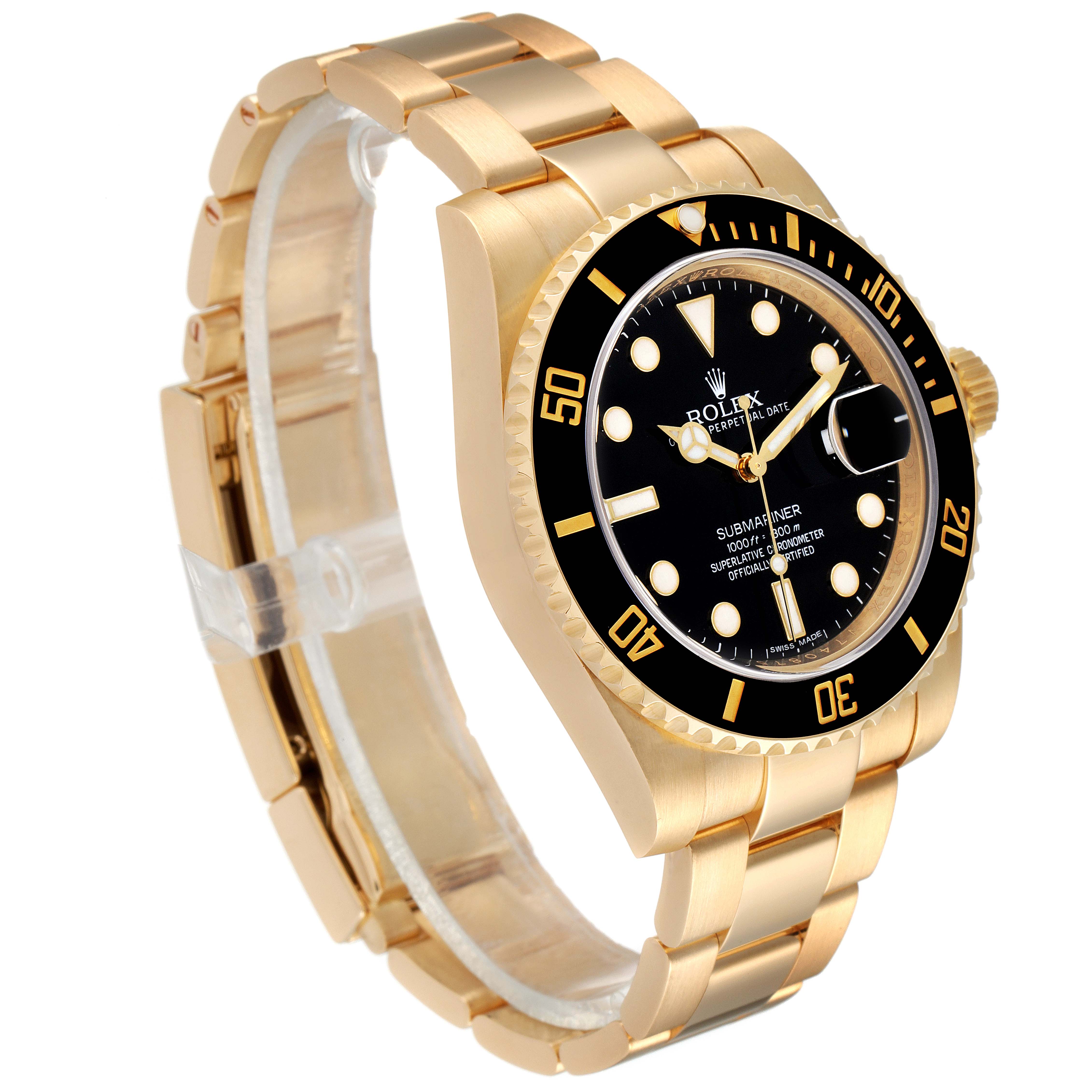 The Rolex Submariner 116618 Men
s Yellow Gold Black Dial 116618 Men
s Yellow Gold Black Dial is shown at a three-quarter angle, highlighting its gold bracelet, black dial, and bezel.