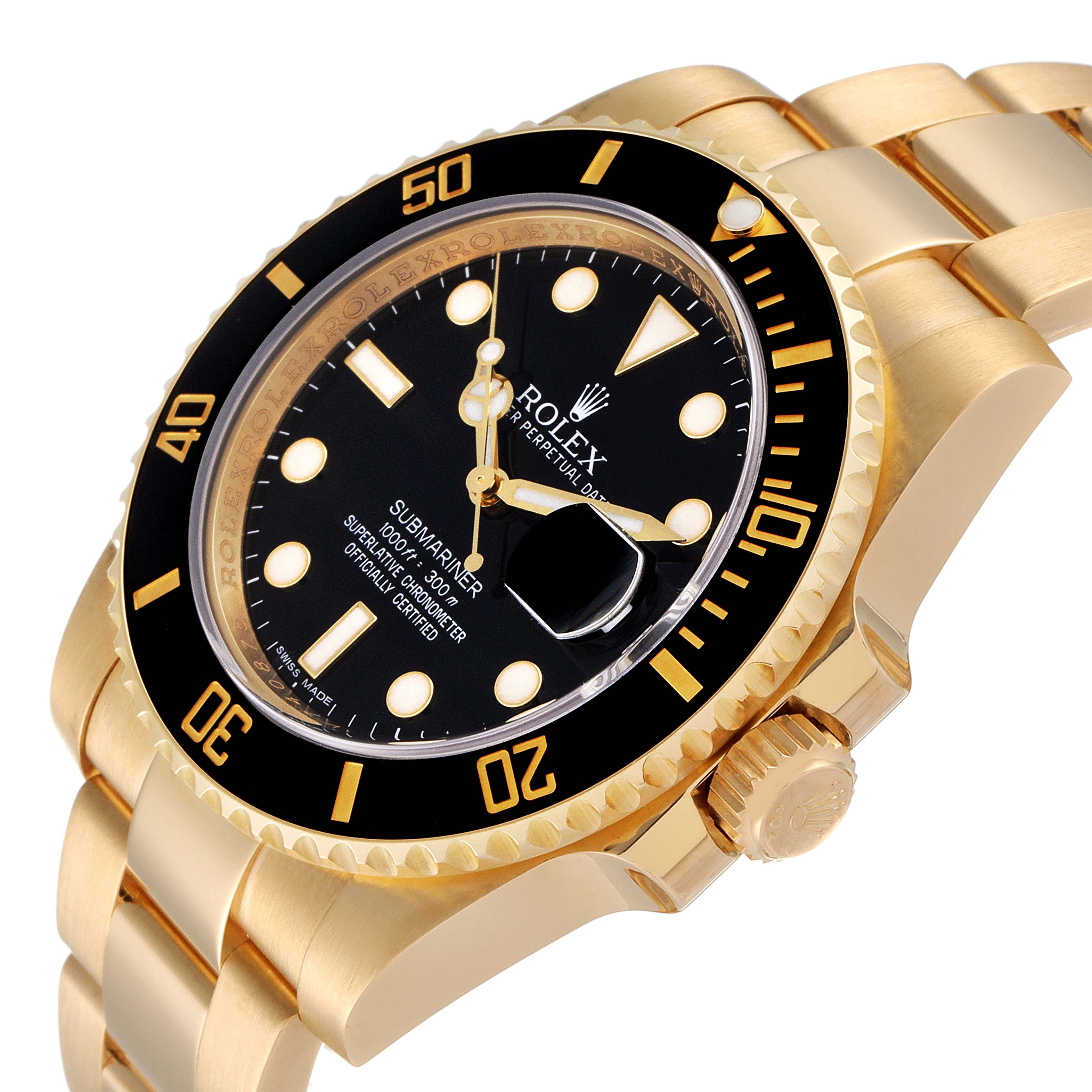 The Rolex Submariner 116618 Men
s Yellow Gold Black Dial 116618 Men
s Yellow Gold Black Dial watch is shown at a slight angle, highlighting the dial, bezel, crown, and part of the bracelet.