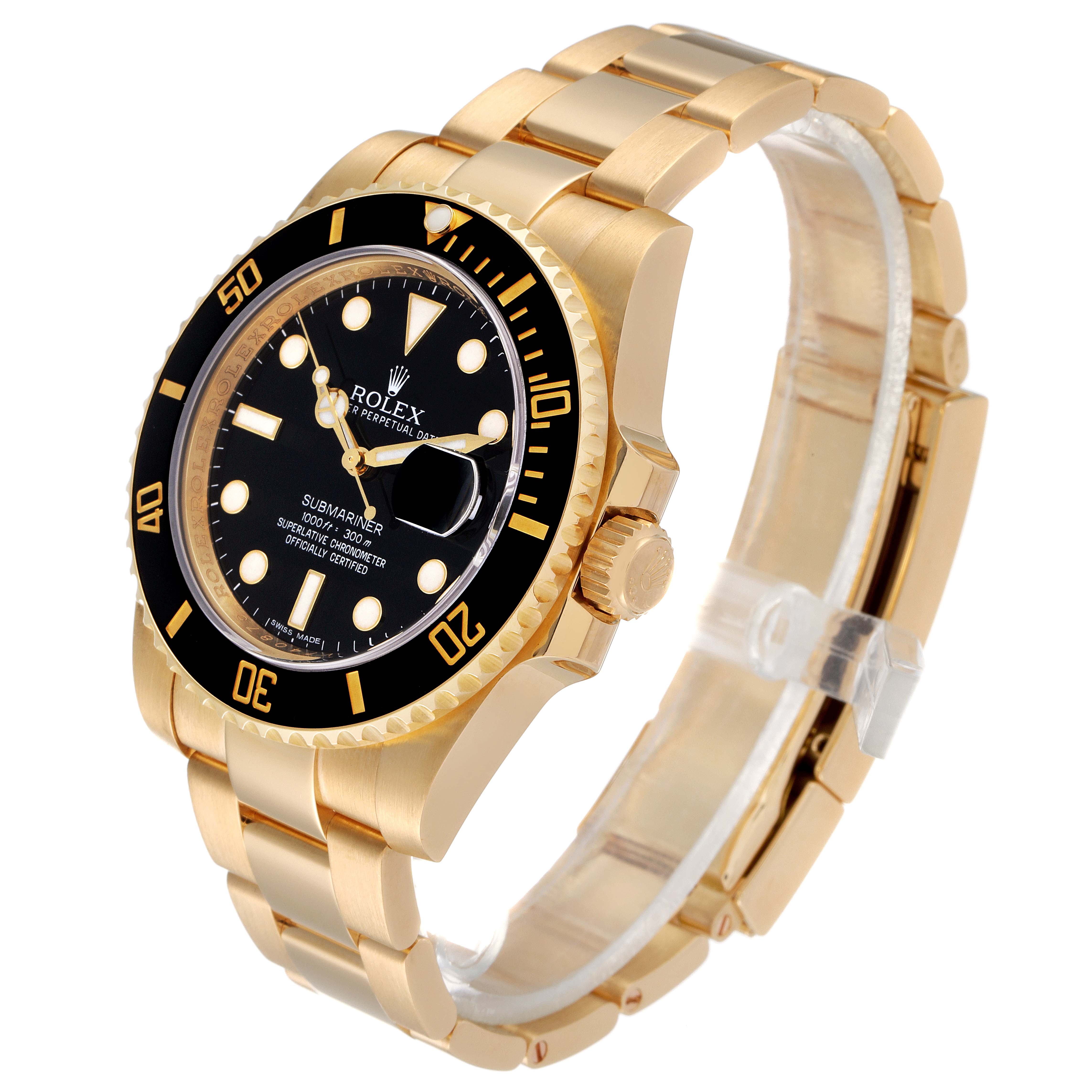 The image shows a side angle of a Rolex Submariner 116618 Men
s Yellow Gold Black Dial 116618 Men
s Yellow Gold Black Dial watch, highlighting the black bezel, gold case, and band.