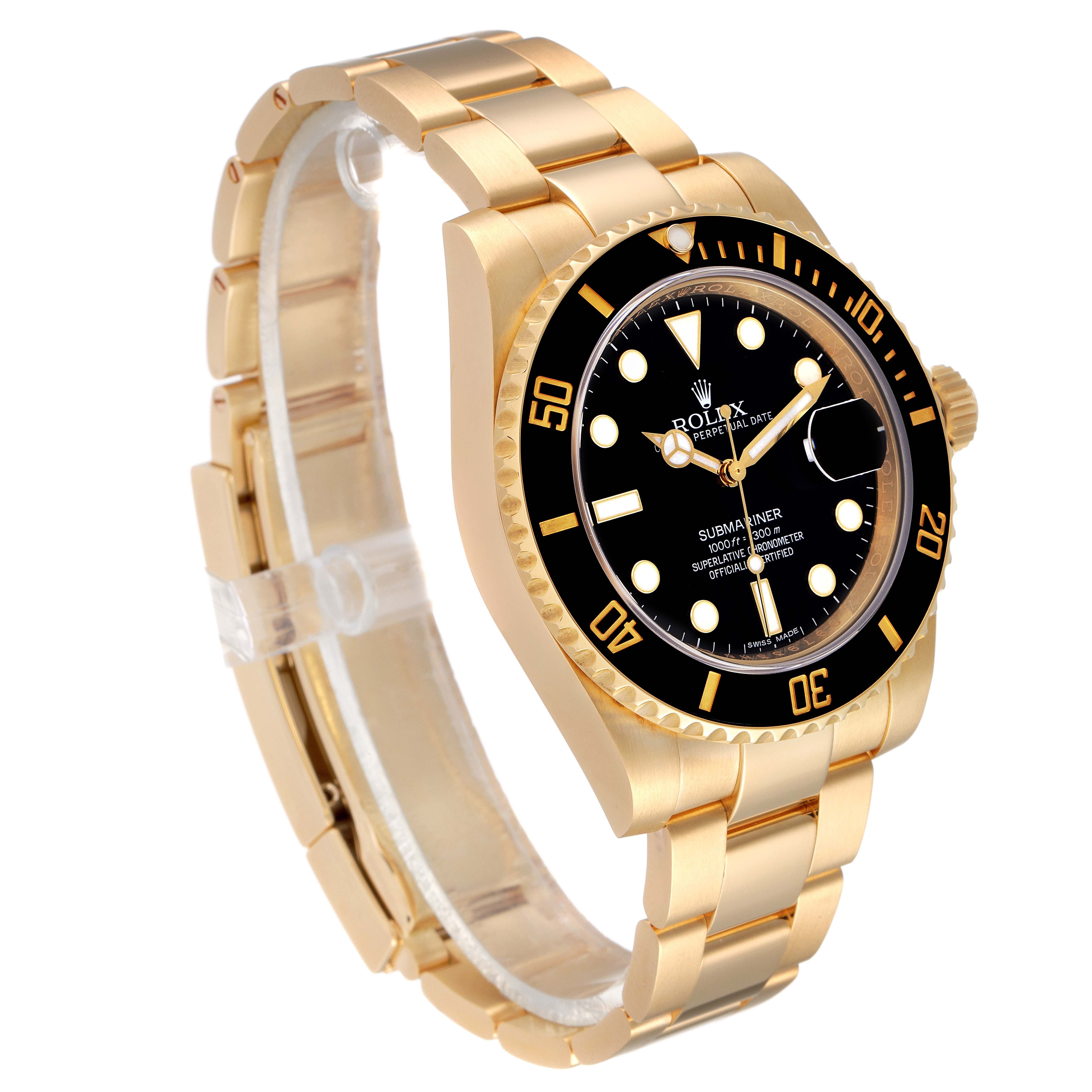 The image shows a side angle of a Rolex Submariner 116618 Men's Yellow Gold Black Dial 116618 Men's Yellow Gold Black Dial watch highlighting its gold band, black bezel, and black dial face.