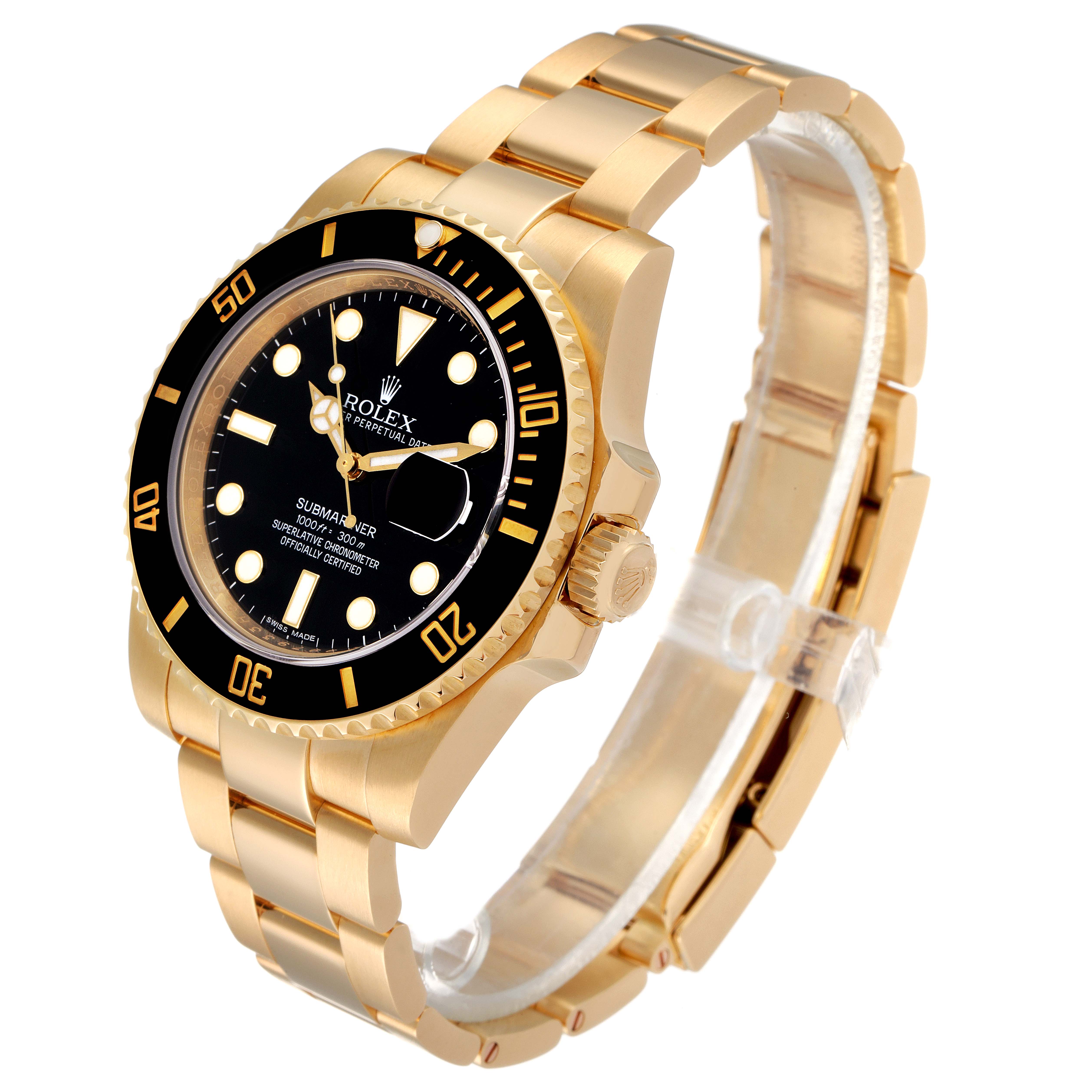This image shows a side angle of the Rolex Submariner 116618 Men's Yellow Gold Black Dial 116618 Men's Yellow Gold Black Dial watch, highlighting its golden bracelet, black bezel, and dial.