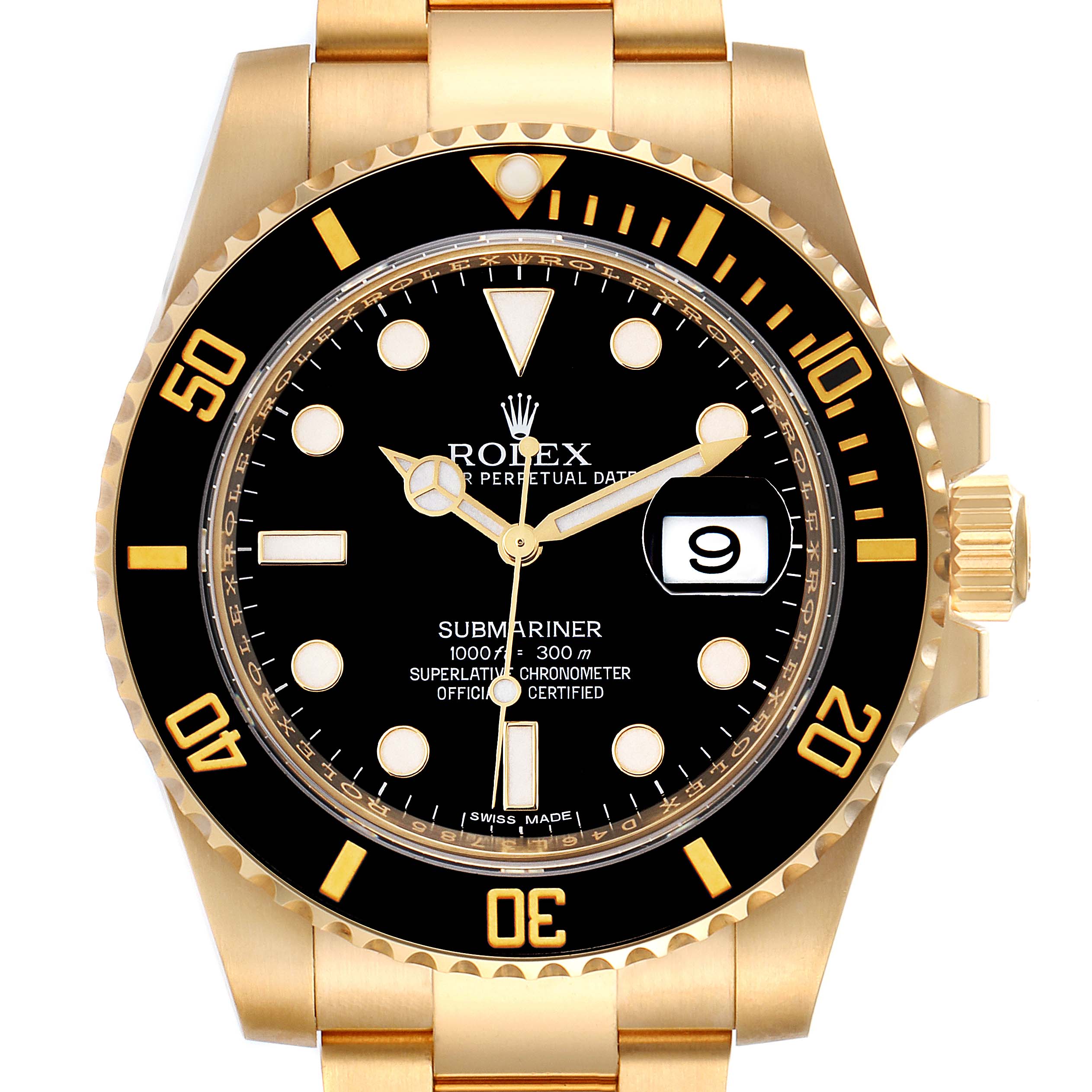 The image shows a frontal view of the Rolex Submariner 116618 Men's Yellow Gold Black Dial 116618 Men's Yellow Gold Black Dial watch, displaying its face, bezel, and crown.