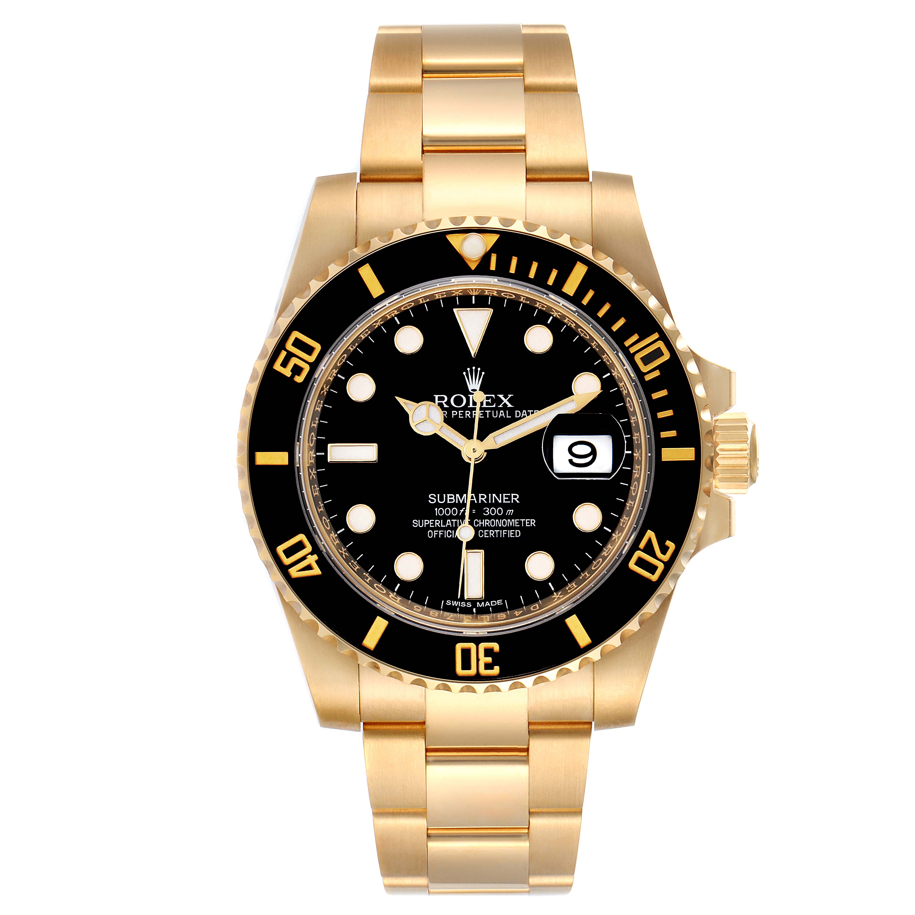 The Rolex Submariner 116618 Men's Yellow Gold Black Dial 116618 Men's Yellow Gold Black Dial watch is shown from a front angle, displaying its black dial, gold bracelet, and bezel.
