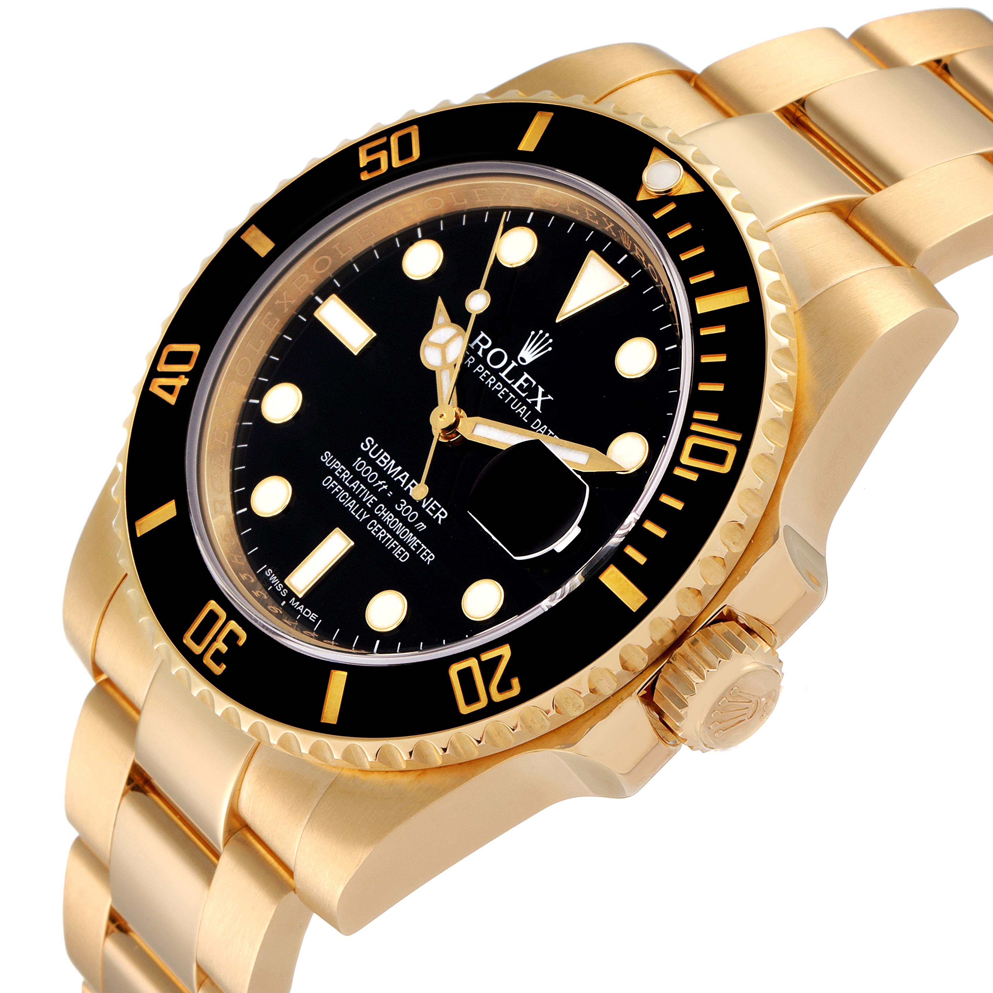 The Rolex Submariner 116618 Men's Yellow Gold Black Dial 116618 Men's Yellow Gold Black Dial watch is shown at a slight side angle, highlighting the gold case, bezel, dial, and bracelet.