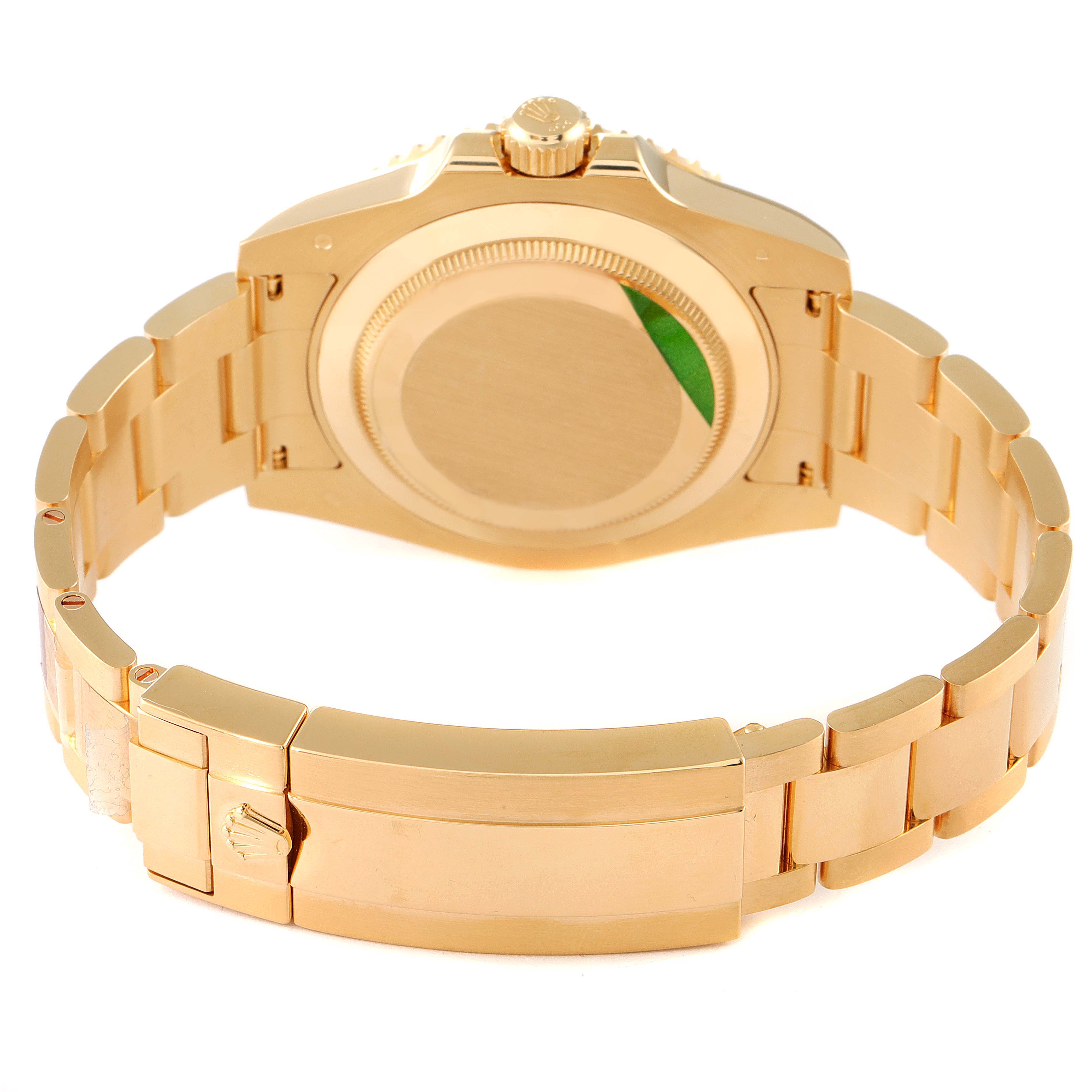 This image shows the back view of a Rolex Submariner 116618 Men's Yellow Gold Black Dial 116618 Men's Yellow Gold Black Dial, highlighting its clasp and bracelet.