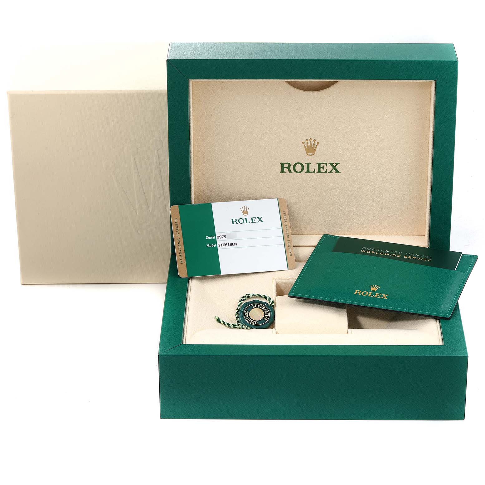 The image shows the packaging, warranty card, manual, and tag for a Rolex Submariner 116618 Men's Yellow Gold Black Dial 116618 Men's Yellow Gold Black Dial watch.