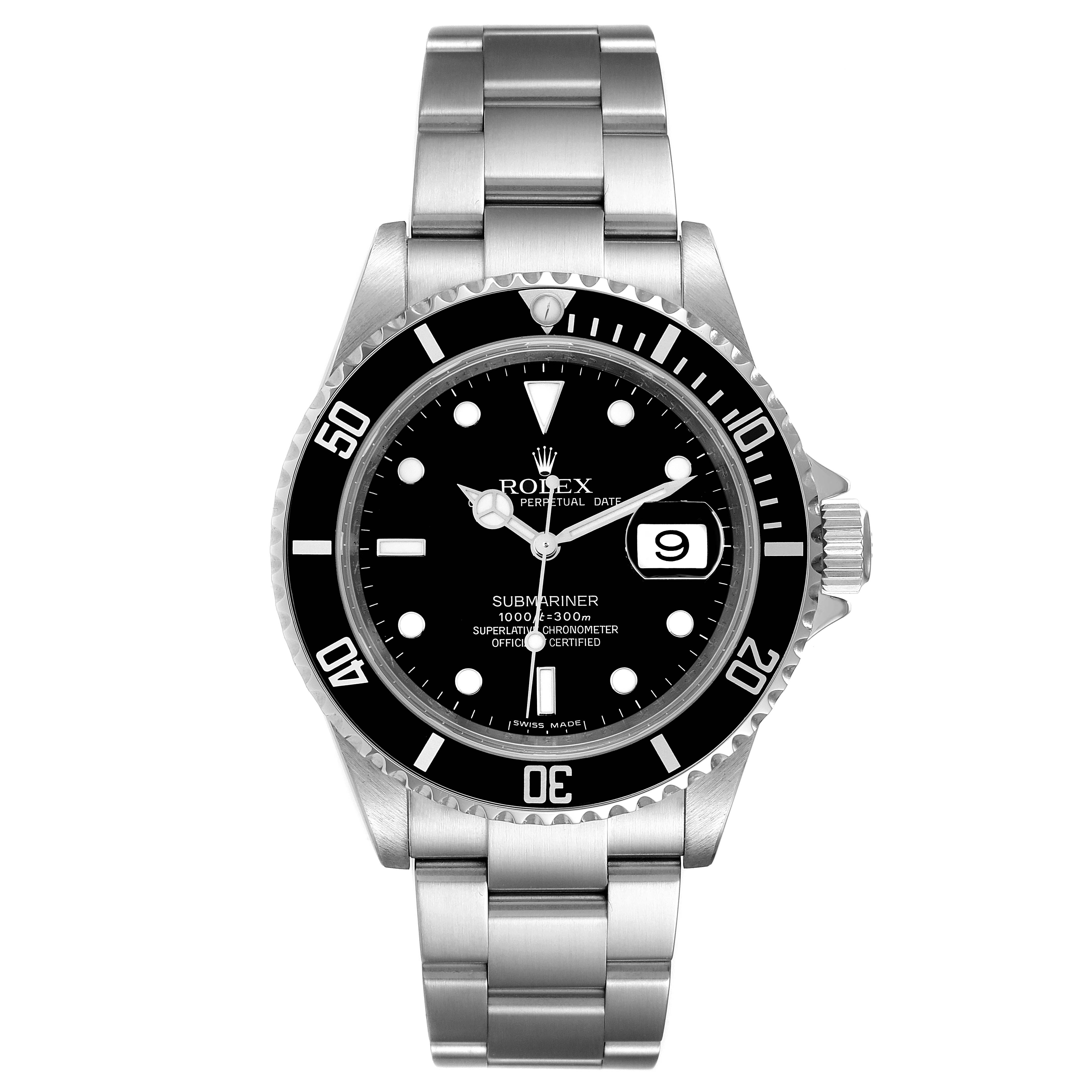 This Rolex Submariner 16610 Men
s Stainless Steel Black Dial 16610 Men
s Stainless Steel Black Dial watch is shown from a front view, displaying its dial, bezel, and bracelet.