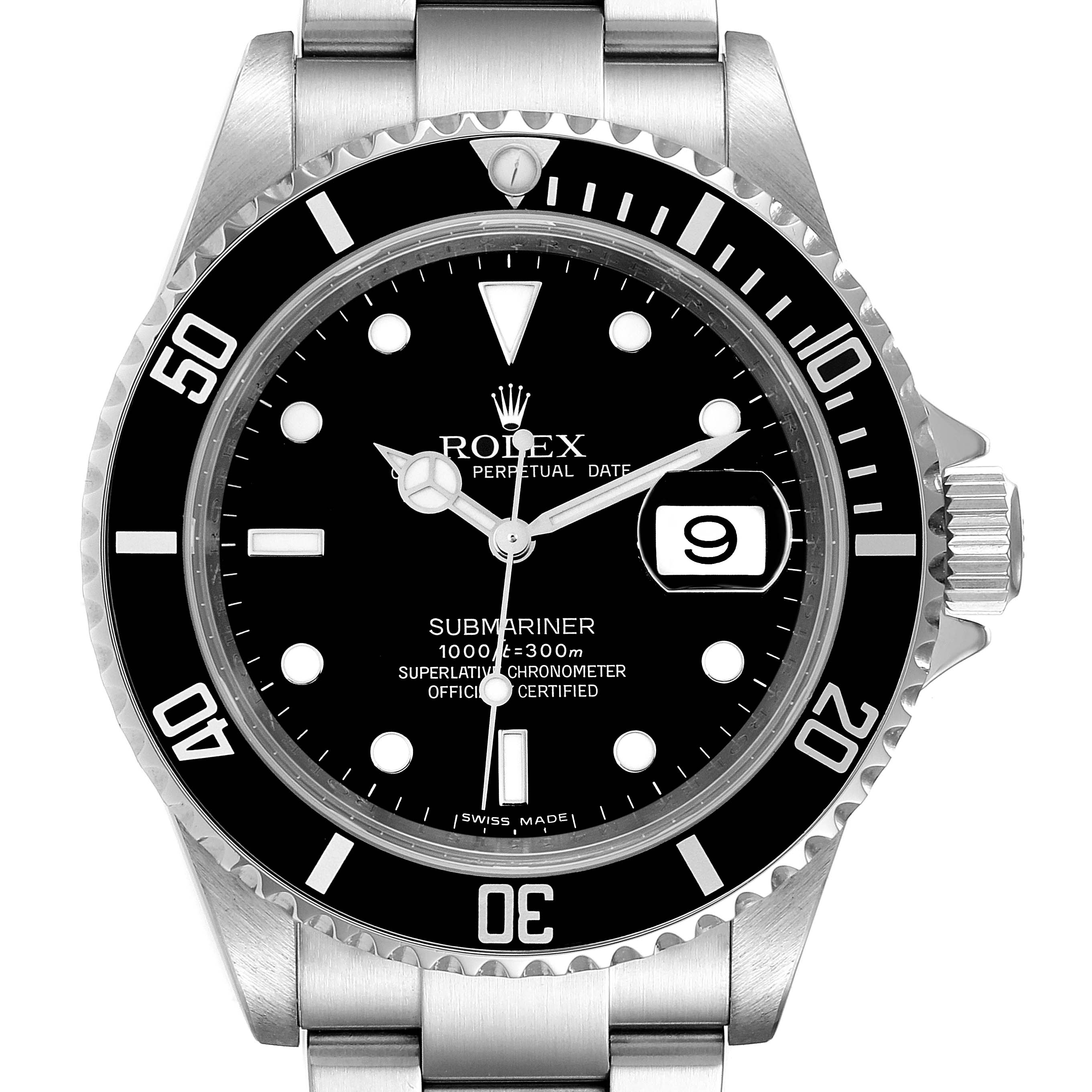 This image shows a frontal view of the Rolex Submariner 16610 Men
s Stainless Steel Black Dial 16610 Men
s Stainless Steel Black Dial watch, highlighting the dial, bezel, and bracelet.